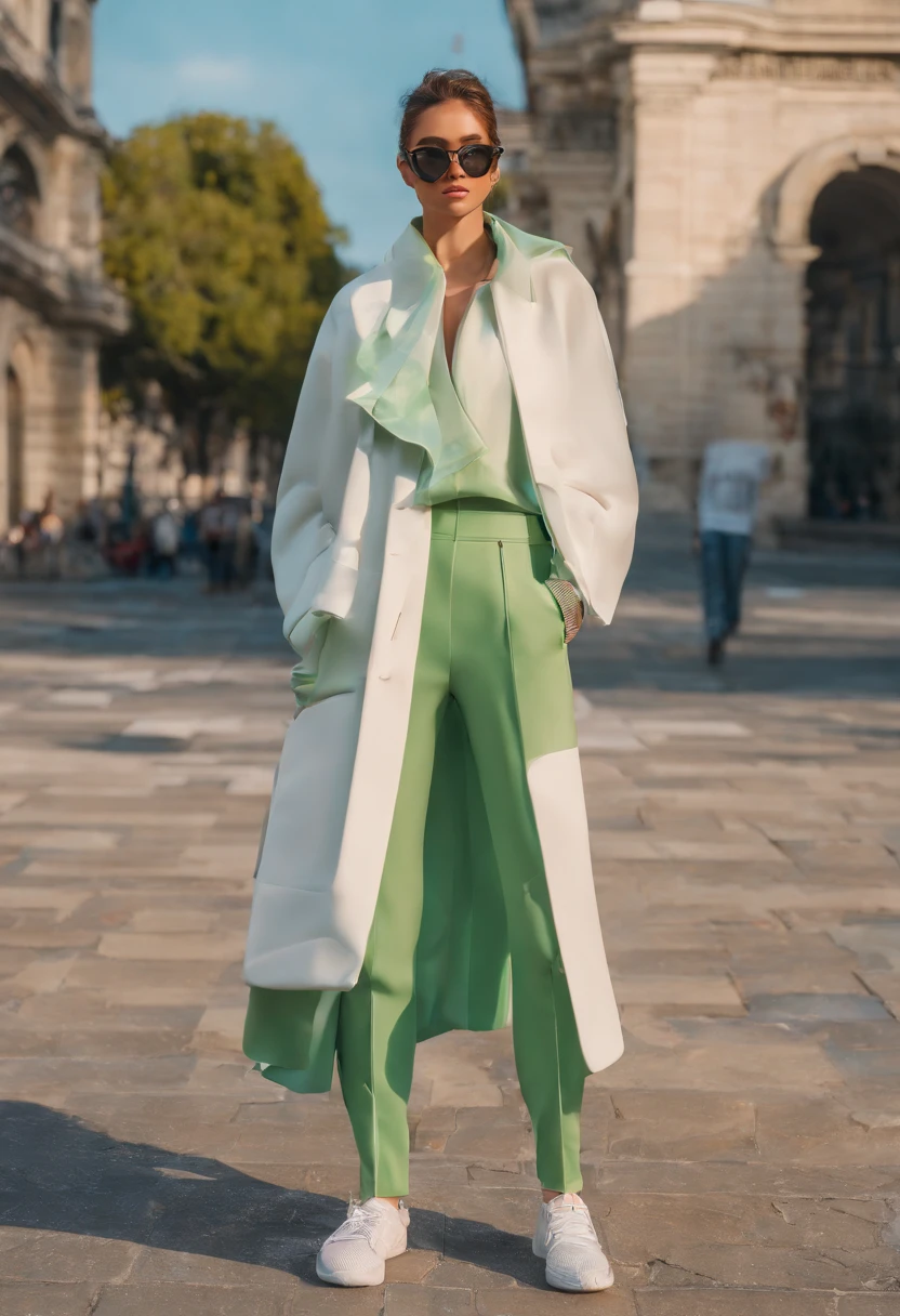 MAN in a full-body photograph in street clothes (urbano) que se inspire principalmente en la inteligencia artificial. El hombre lleva unos pantalones blancos anchos con texturas rugosas, A long winter sack in asymmetrical green with transparencies, creando un conjunto singular." En la imagen, se puede ver a un hombre de pie en medio de un paisaje urbano futurista. Sus pantalones blancos anchos tienen una textura rugosa que le da un aspecto vanguardista. They are designed in an elegant but also functional way, with subtle details that suggest the influence of artificial intelligence in its creation. El saco largo de invierno, de un deslumbrante verde, se destaca como la pieza central de su atuendo. Its asymmetrical design and strategically located transparencies along the sack give it a futuristic and technological look. Las transparencias revelan una capa interior de tela plateada que brilla con una luz suave, grabando a la luz de las pantallas de computadora. El hombre lleva accesorios minimalistas, such as metal-rimmed sunglasses and a sleekly designed smartwatch. Her hair is precisely styled and her look reflects confidence and sophistication. En su conjunto, This man embodies the fusion between contemporary fashion and the influence of artificial intelligence in clothing design. Her outfit shows a unique combination of textures, colores y transparencias que lo hace destacar en medio de la modernidad de la ciudad del futuro.