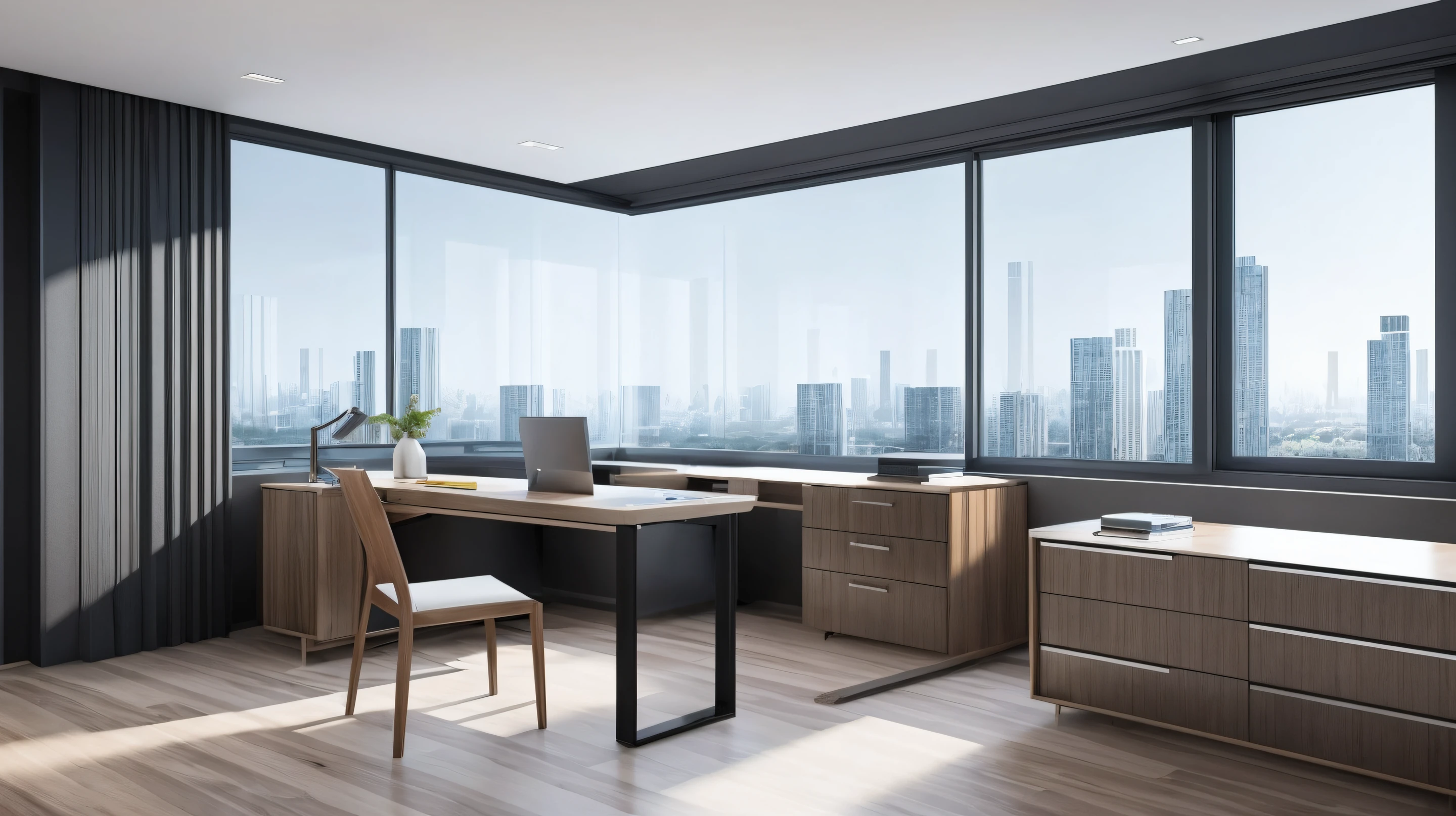 there is a desk with a computer and a chair in a room, minimalist home office, luxury condo interior, home office interior, office room interior, professional render, city apartment, rendered in unreal engine 6, realistic physical rendering, vray 8k render, architectural 3 d render, rendered in v-ray, rendered in 8 k unreal engine, archviz