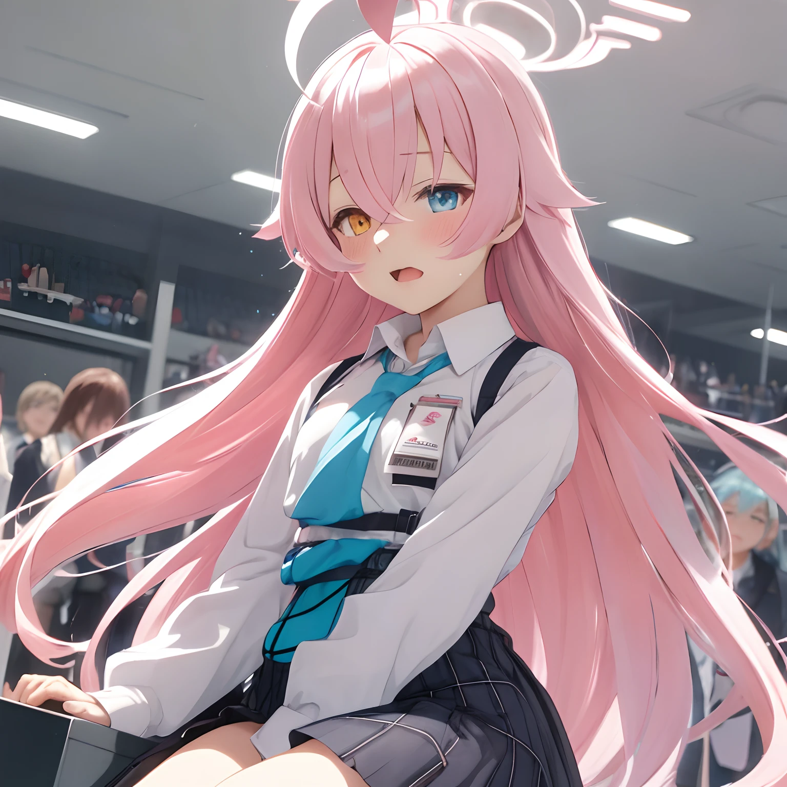 Hoshino (Blue Archive), solo, heterochromia, pink hair, skirt, long hair, tie, ahoge, shirt, halo, plaid skirt, blue eyes, plaid , looking at the audience, white shirt, sitting, orange eyes, chest strap, suspenders,  open mouth, very long hair, feet out of the frame, between legs, hands between legs, blush, hair between eyes, high resolution, masterpiece, best quality, young girl, , flat chest, Flat-chested, flat-chested,dress
