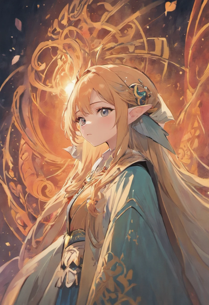 Very beautiful young woman with big elven ears, Alone facing the camera, Drawn in Japanese anime style, long and straight redish hair, The letf eye is orange and the right eye is blue, Dressed in aristocratic 19th-century clothing dyed with mostly reddish colors