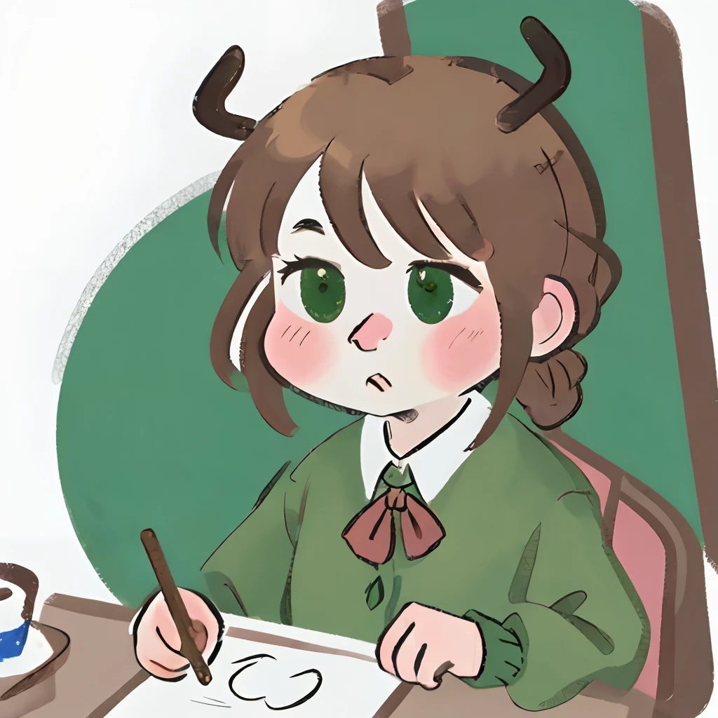 HPS, drawing, image, painting, 1girl, Brown-haired, bangs, green eyes, deer antlers, blush, Chestnut mouth, avatar, Collared shirt, Hair swings, Hair Scrunchie, heart, High Resolutions,