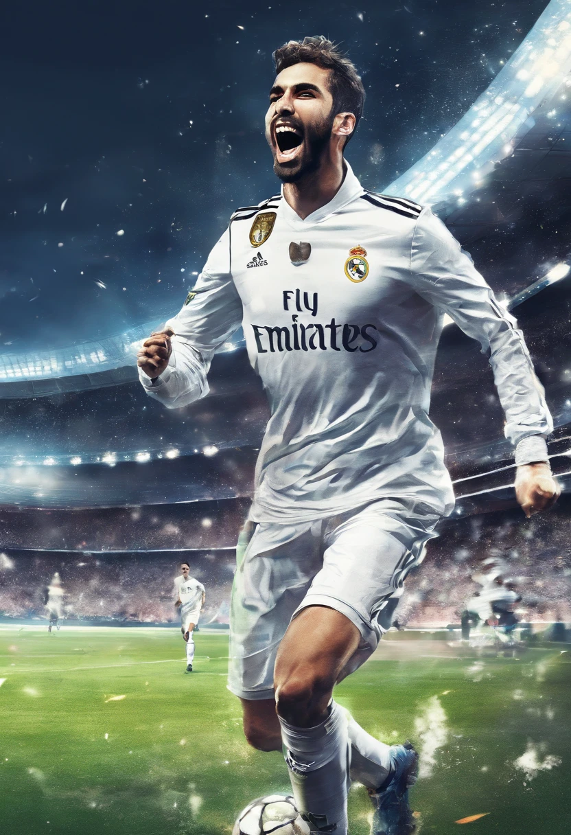 a player from real madrid winning the champions league, manga, man, stadium, very happy