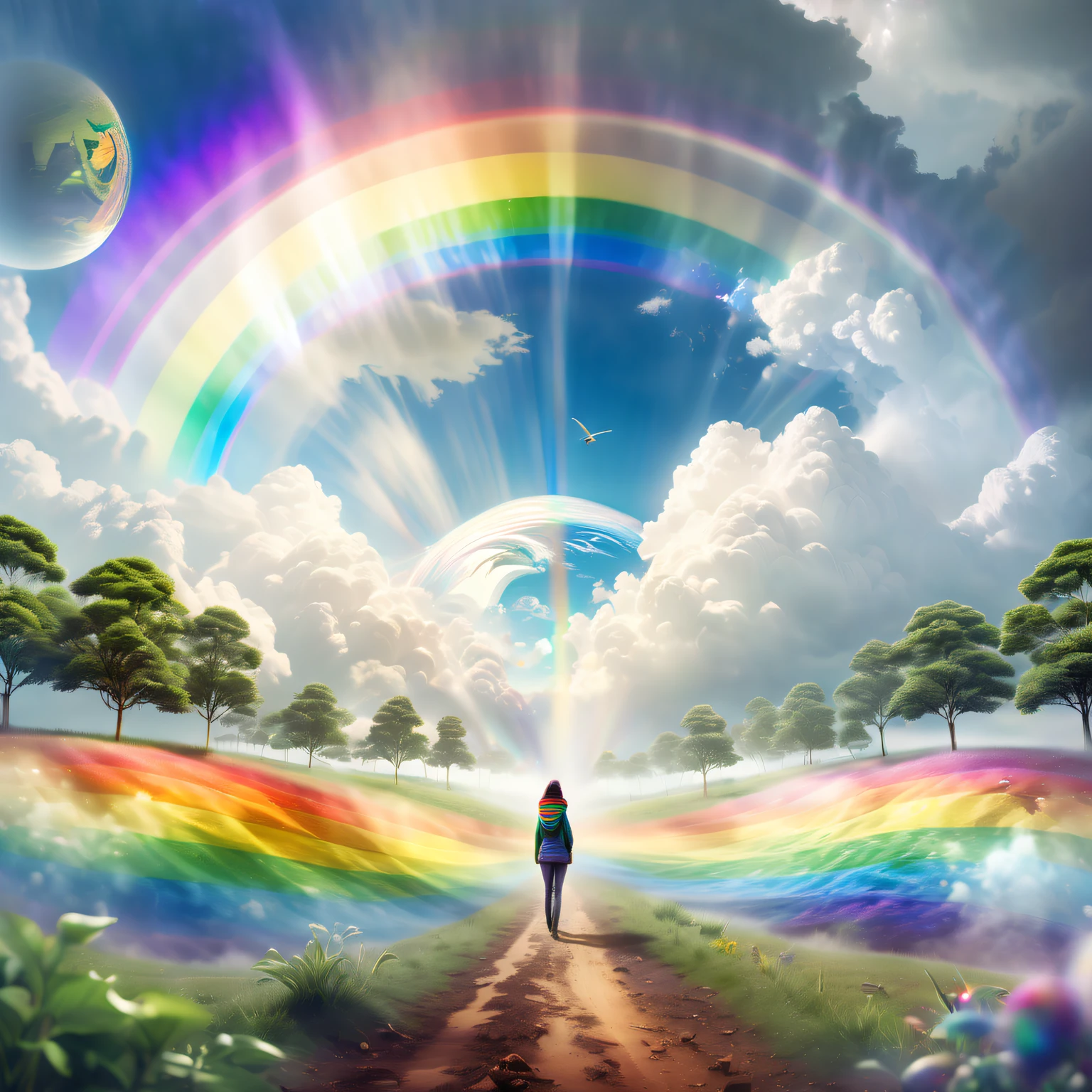 Cute double exposure artwork，A fusion of the rainbow of heaven and earth, A rainbow in the sky should serve as a potential background, Its details blend seamlessly with the smooth and transparent earth. Clean up the planet to a certain extent, It has a double exposure effect and a glossy look. The figure of the rainbow in the sky should have a slightly earthy taste, Reveal the rainbow in the mind sky，The overall atmosphere should be gloomy and moody, Soft colors and a sense of decay. The artwork should evoke a sense of simplicity, Has a complex and layered design. The image should be highly realistic, With a high level of detail and deep realism. The lighting should be diffuse and soft, Create a gloomy moody atmosphere. The artwork should have a cinematic feel, The lighting and camera working elements are reminiscent of movies. Images should be highly detailed and rich, High-density visual information. The overall effect should be reminiscent of high-quality photography, Double exposure effect enhancement1.1x magnification.