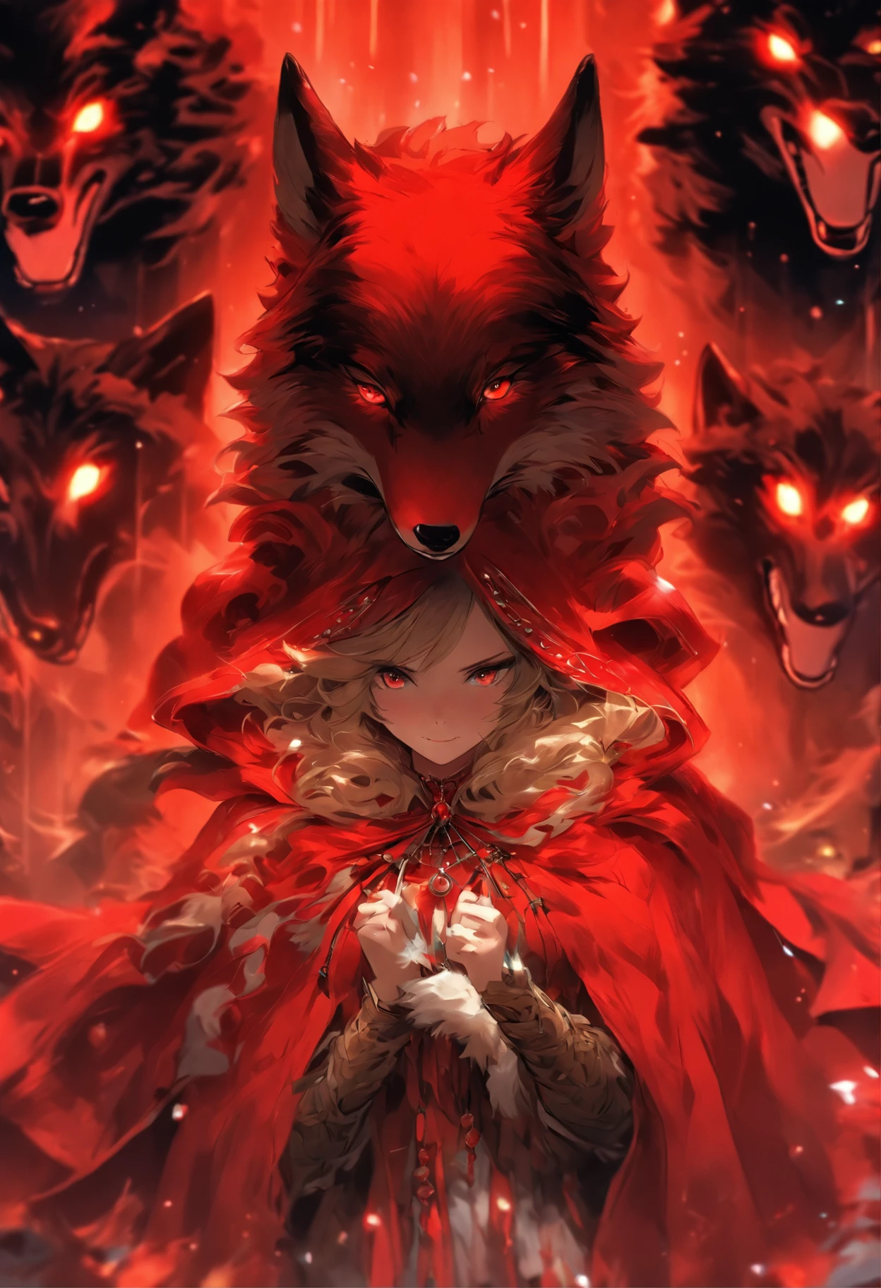 a woman in a red cape and a wolf are standing beside the woman, red riding hood, dressed in a beautiful red jewellery crafted cloak, anime style 4 k, kawacy, detailed, concept art, digital painting,