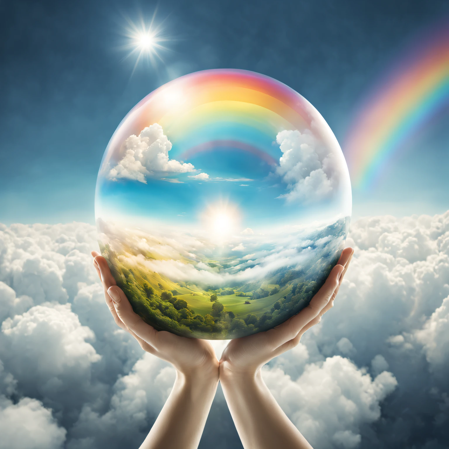 Cute double exposure artwork，A fusion of the rainbow of heaven and earth, A rainbow in the sky should serve as a potential background, Its details blend seamlessly with the smooth and transparent earth. Clean up the planet to a certain extent, It has a double exposure effect and a glossy look. The figure of the rainbow in the sky should be slightly earthy, Reveal the rainbow in the mind sky，The overall atmosphere should be gloomy and moody, Soft colors and a sense of decay. Artwork should evoke a sense of simplicity, Has a complex and layered design. The image should be highly realistic, With a high level of detail and deep realism. The lighting should be diffuse and soft, Create a gloomy moody atmosphere. The artwork should have a cinematic feel, The lighting and camera work elements are reminiscent of movies. Images should be highly detailed and rich, High-density visual information. The overall effect should be reminiscent of high-quality photography, Double exposure effect enhancement1.1x magnification.