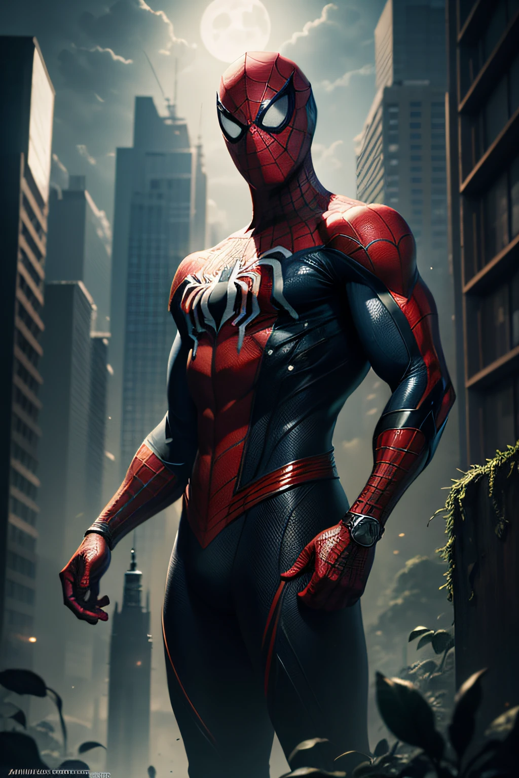 An image of Spider-Man soaring through the twilight sky, clad in a dark green and golden suit, reminiscent of Rob Liefeld's dynamic style. The Spider-Man emblem on his chest gleams with a vibrant, metallic sheen. His eyes, shrink-wrapped by his mask, exude a piercing, almost otherworldly shine, reflecting the silver and steel cityscape below. Three mechanized visors, akin to the Argus C3 eyes, are integrated into his mask, adding to his high-tech appearance. The steel-gray webbing trailing behind him catches the light, shimmering as it slices through the wind.