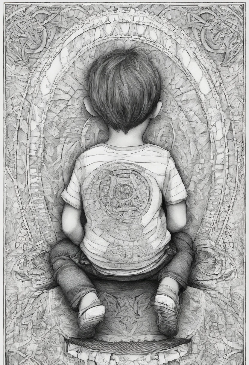 5-year-old child sitting with his back erect with his hands resting on his belly on a wooden chair, desenho nuito colorido e alegre.