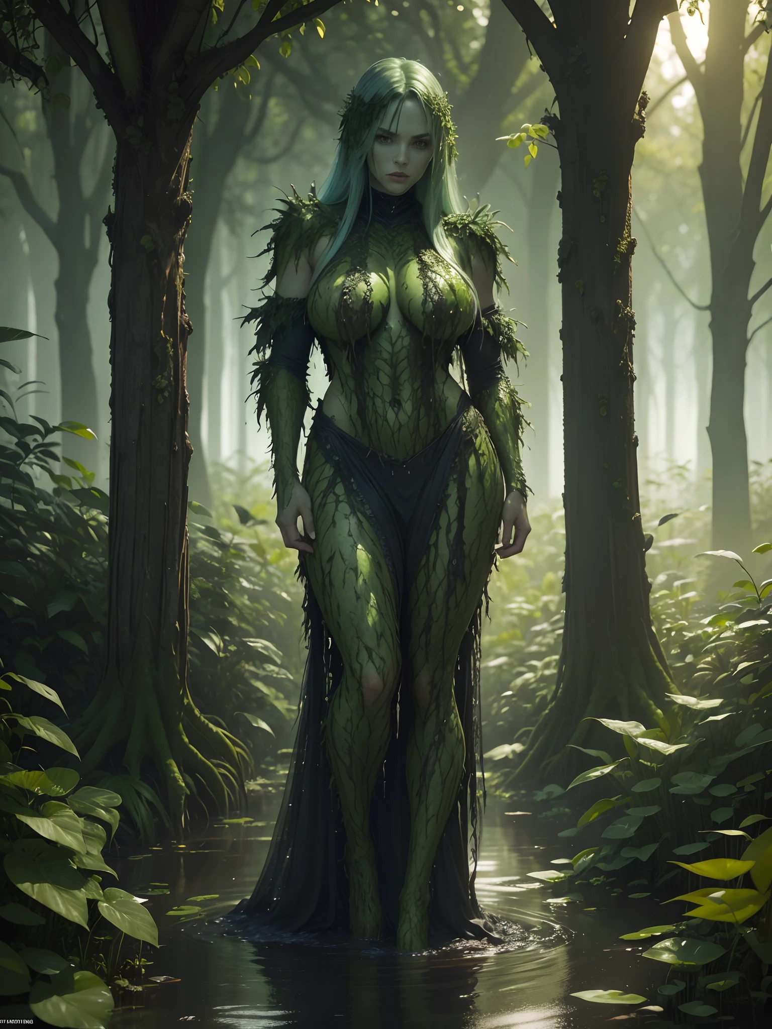 Swamp Monster woman, 25 years old, Swamp Monster style, a supernatural antihero character in comic books published by DC Comics, who was transformed into a swamp monster composed of plant matter after an explosion in her laboratory doused her with chemicals, is transformed by the chemicals and plants inside the swamp into a misshapen monster the Swamp Thing full body, dynamic poses, (body with plants: 1.3), ((best quality)), ((Selected: 1.4)) super resolution , Cinematic lighting, (New York: 1.3), (swamp monster head: 1.3), ultra realistic, . .....RAW, (realism: 1.5), (Realisitc: 1.4), (Absurdity: 1.4), 8k, ultra-detailed, detailed, (One: 1.4), (viewer: 1.3), HD4