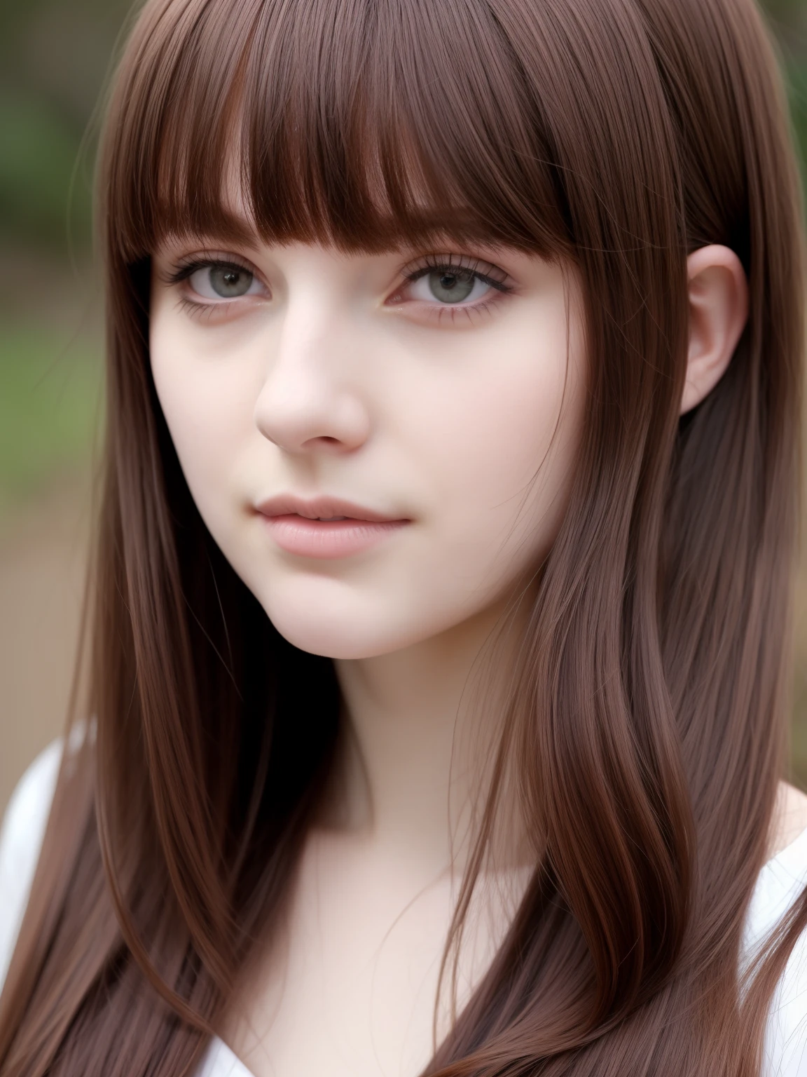 hazelnut hair,woman,realistic,pale skin,dark eyes,huge bangs