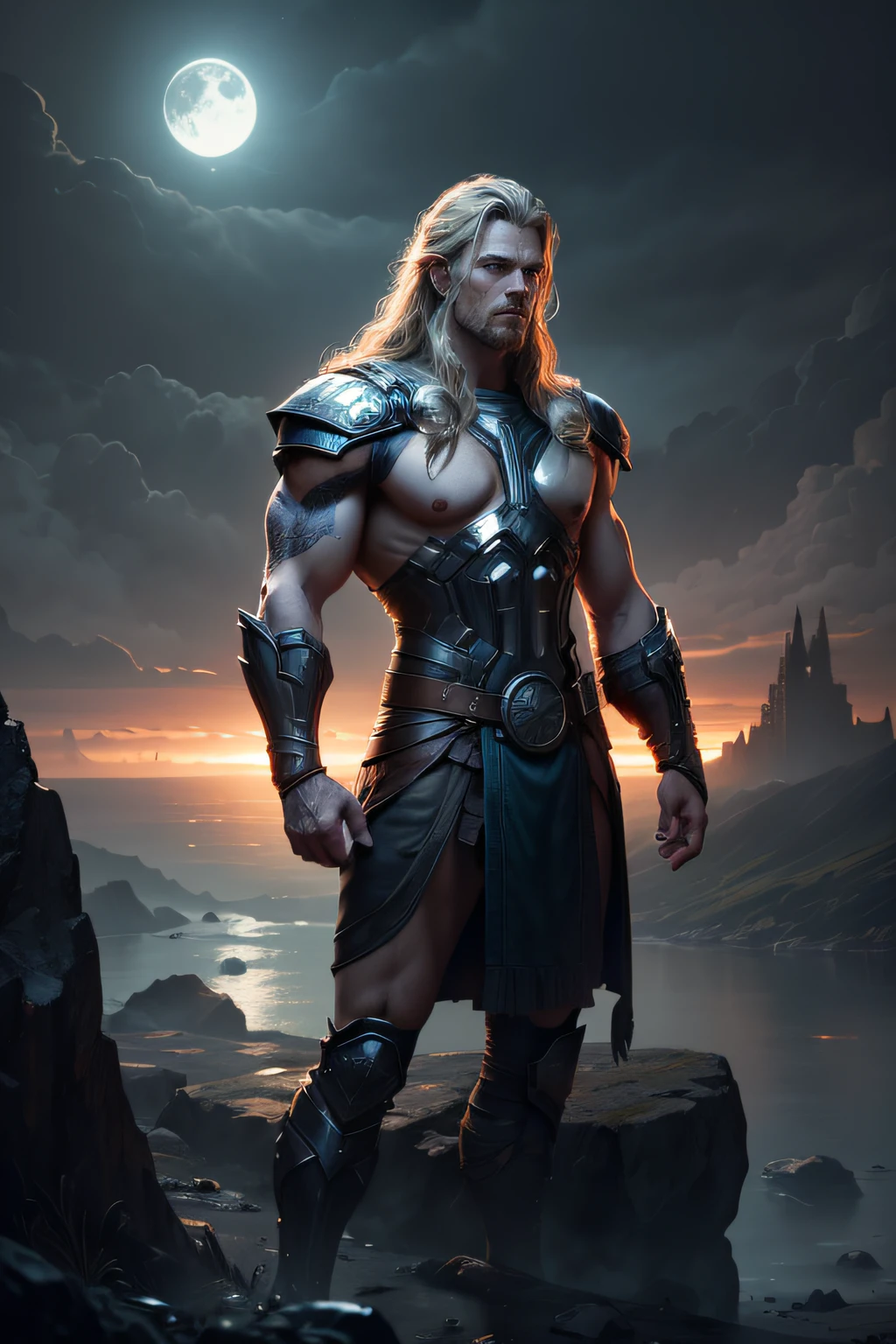 Thor stands posing, details modern clothing, HDR, UHD, 64K, highly detailed, professional photography , sketch style, ink scratches, sharp lines, trending on artstation, realistic engine, vivid colors , high resolution scanning, The camera details everything, Moonlight highlights your muscles and scars. The scenery is lush and mysterious, with a dark city and surroundings. The camera details everything.