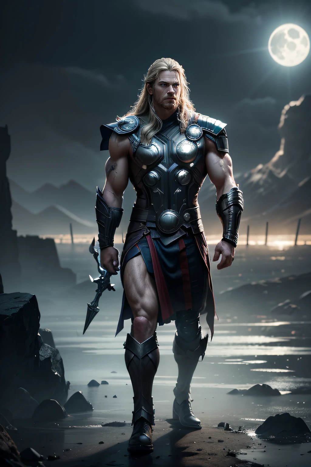 Thor stands posing, details modern clothing, HDR, UHD, 64K, highly detailed, professional photography , sketch style, ink scratches, sharp lines, trending on artstation, realistic engine, vivid colors , high resolution scanning, The camera details everything, Moonlight highlights your muscles and scars. The scenery is lush and mysterious, with a dark city and surroundings. The camera details everything.