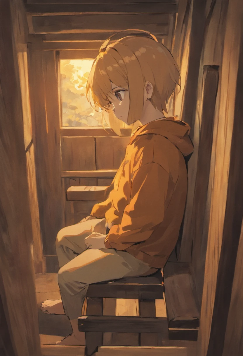 5--old ting with his back erect with his hands resting on his belly on a wooden chair, desenho nuito colorido e alegre.