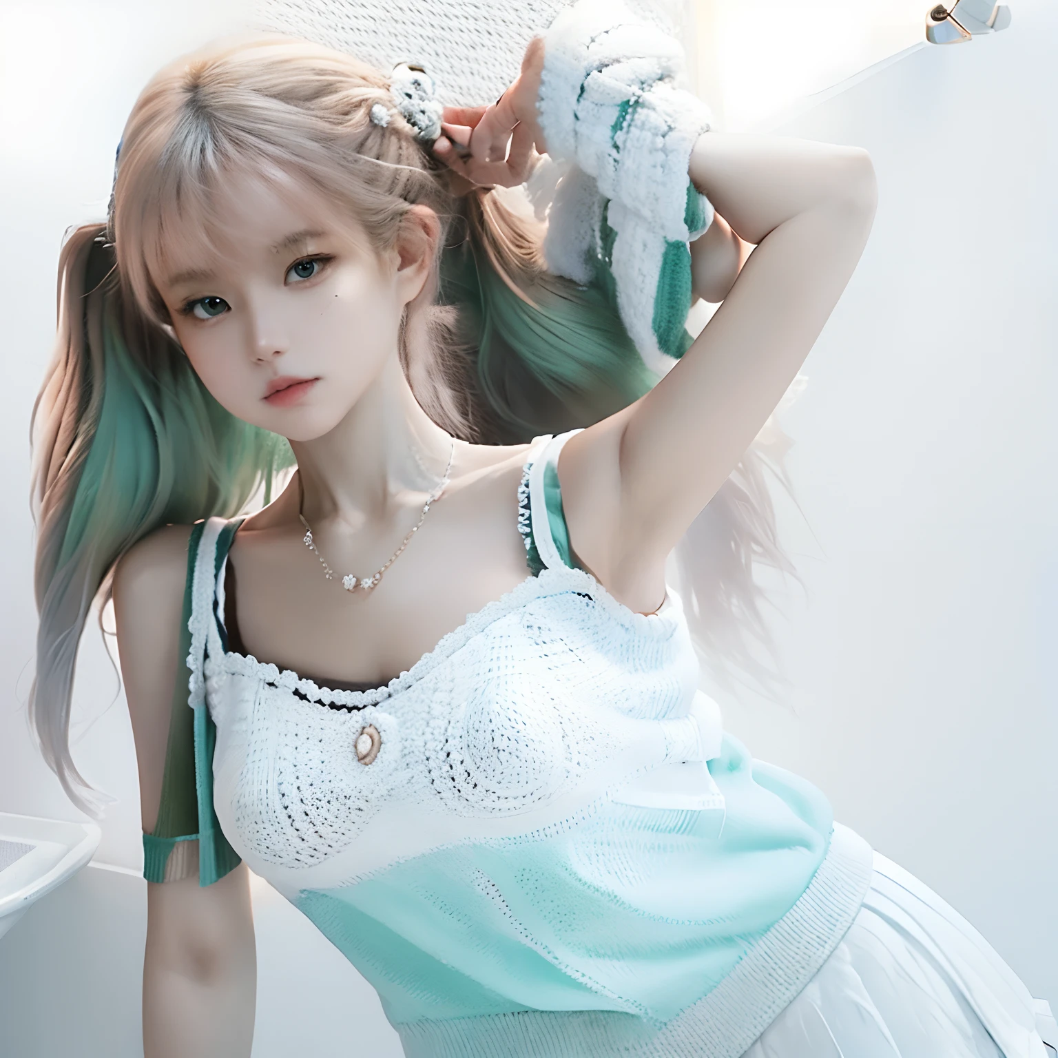 (masterpiece:1.2) (best quality:1.2) (ultra realistic) (detailed) cute woman wearing pretty mint colored top, white granny squares crocheted cardigan, white tennis skirt, pearl necklace, small breasts, standing in front of clean white background, slim athletic figure, perfect eyes