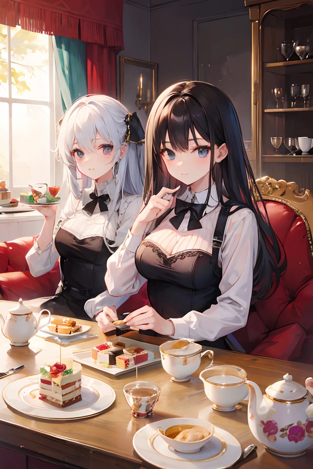 2girls,{{tea party,Event Hall,event,The table}}, tea cup,Rose,cookies,tee,steam,child,Small breasts,a cake,Sitting