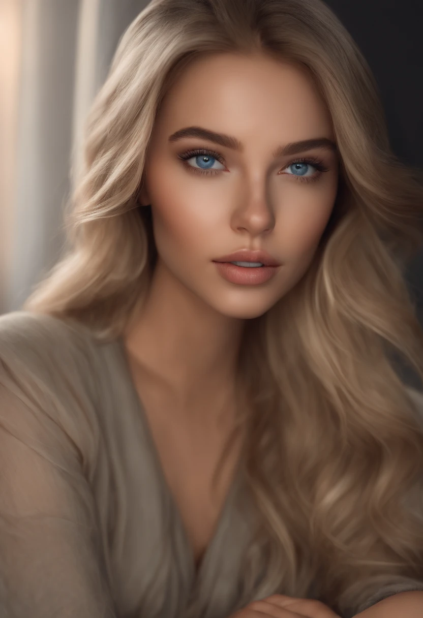 arafed woman fully , sexy girl with blue eyes, ultra realistic, meticulously detailed, portrait sophie mudd, blonde hair and large eyes, selfie of a young woman, violet myers, without makeup, natural makeup, looking directly at the camera, face with artgram, subtle makeup, stunning full body shot kneeling on bed, in livingroom, medium to large size bust