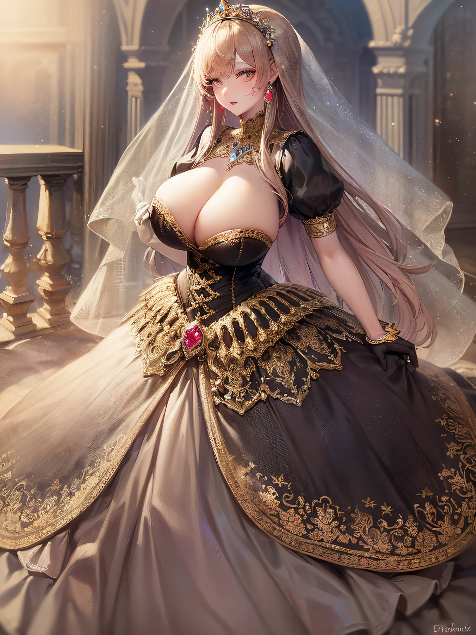 ((anime artstyle)),(Masterpiece),(Best Quality), (Super Detail),((Very Delicate and Beautiful)),cinematic lighting,1 girl,((full body portrait)),((standing in garden)),((solo)),(((1 fairytale princess in gorgeous embroidery and jeweled extremely gorgeous rococo princess ballgown with voluminous full length hoop skirt))),an hourglass waist,padded and corseted bodice,(((huge crinoline hoopskirt))),long train,((gorgeous embroidery and jeweled)),voluminous frills,See-through,(((extremely gigantic tits,skindentation))),cleavage,((absurdly Long Straight Hair,extremely voluminous Straight long Hair,absurdly Long Straight Hair)),(finely detailed face and eyes),clear pupil,extremely gorgeousfull hair ornament,(bling-bling jeweled extremely gorgeousfull tiara),((bling-bling gorgeous gemstone jewelry)),gorgeous long veil,((ultra long gloves)),(beautiful background),(full body),((gorgeous embroidery and jeweled extremely gorgeous rococo princess ballgown with voluminous full length hoop skirt))