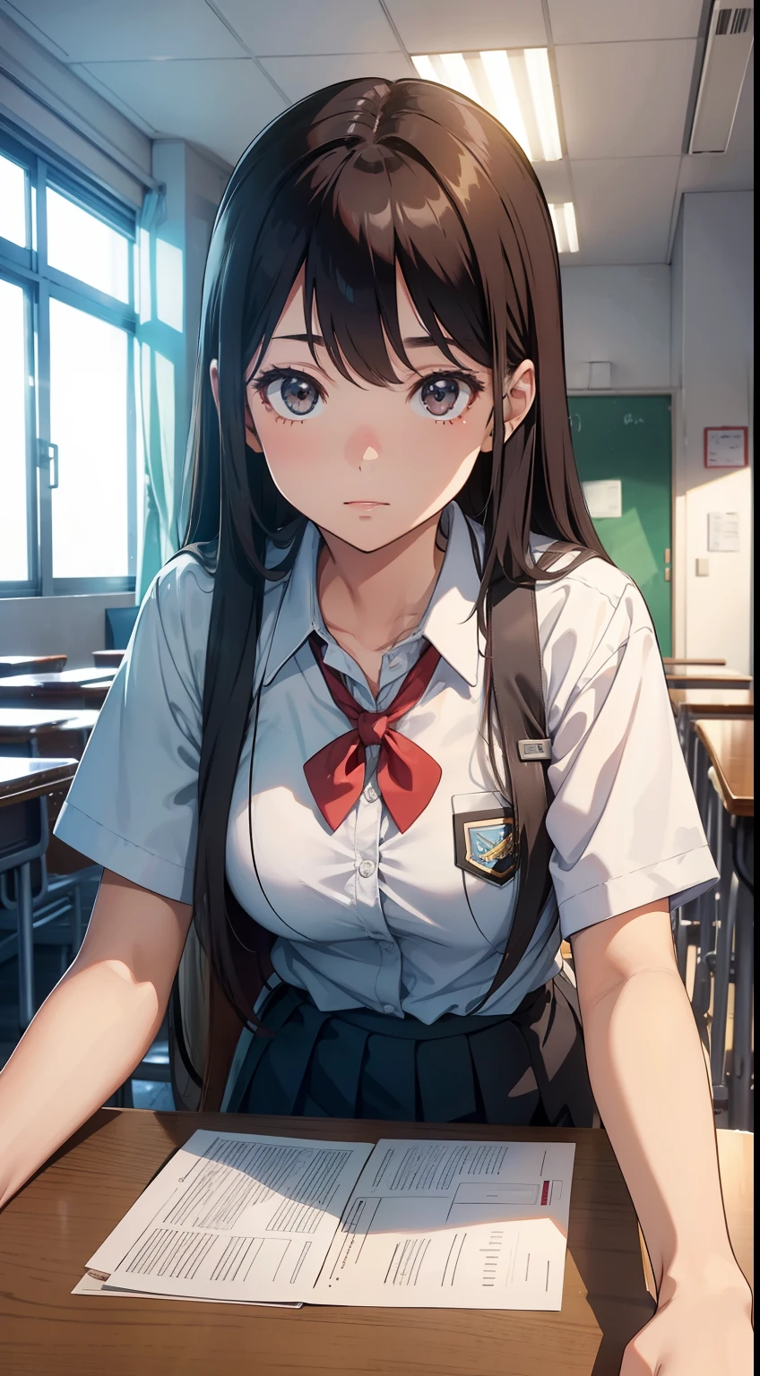 A female high school student,at class room,learn,earnest,high qulity,high detal,High picture quality,portraitures