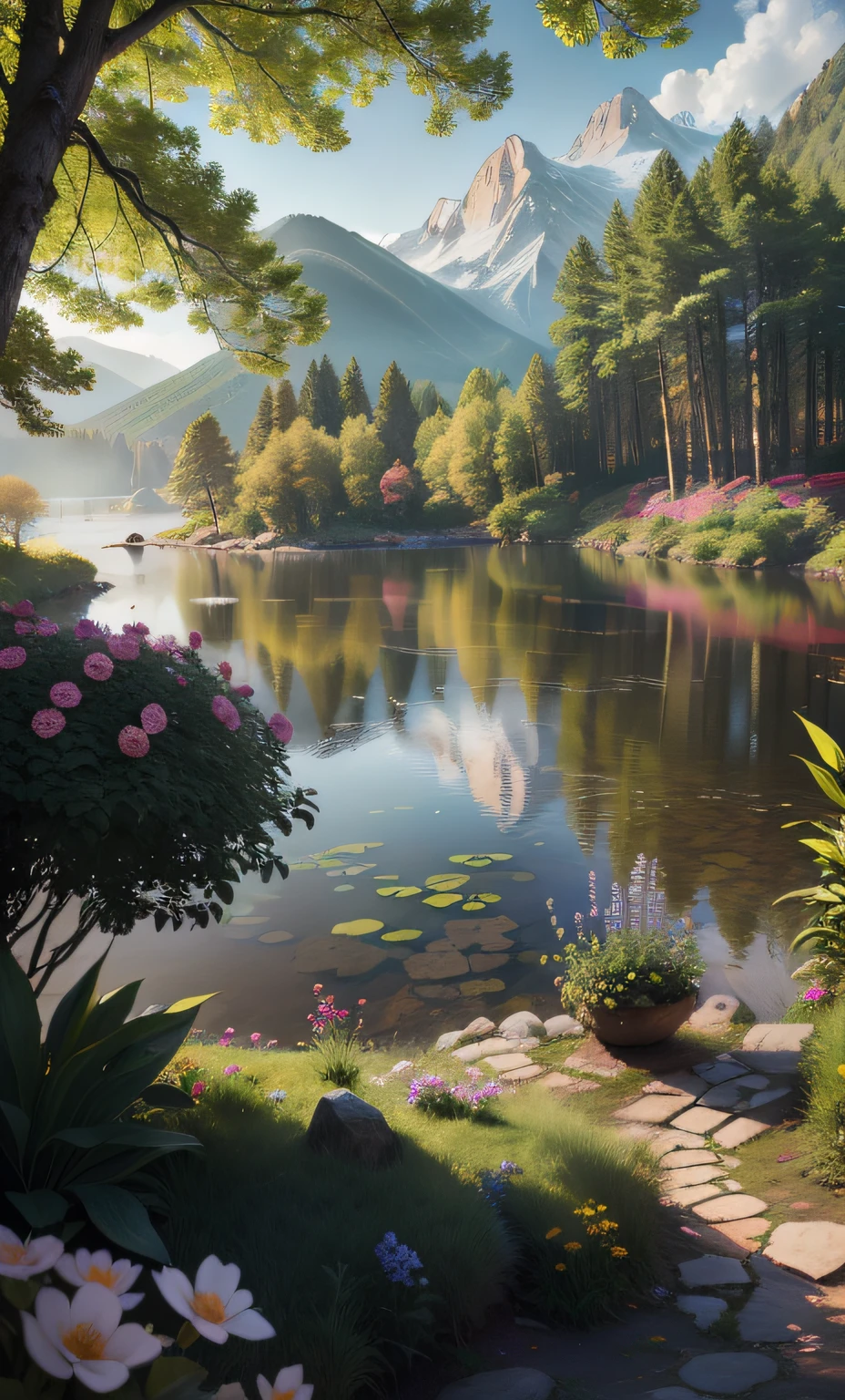 (best quality,4k,8k,highres,masterpiece:1.2),ultra-detailed,(realistic,photorealistic,photo-realistic:1.37),ethereal,golden,heavenly garden, majestic, enchanting landscape, shimmering lake, lush trees, blooming flowers, glistening bushes