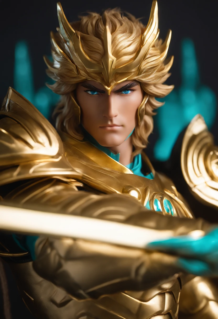 Cinematic soft lighting illuminates a stunningly detailed and ultra-realistic Leo Aiolia of Saint Seiya. Close up. He is waring pretty realistic golden armor. Bright golden armor. Octane is the perfect tool to capture the softest details of this 16k photography masterpiece. He is a handsome caucasian man about 30 years old. 1boy. Beautiful face. Detailed face. Beautiful nose. (Pretty big turquoise eyes). Shaved. He has light brown hair. Perfect closed fist. Messy hair. ((pretty big turquoise eyes)). ((Shaved)). a closed fist. He is staring his enemy. golden aura of power. Cosmic background. Less aura.