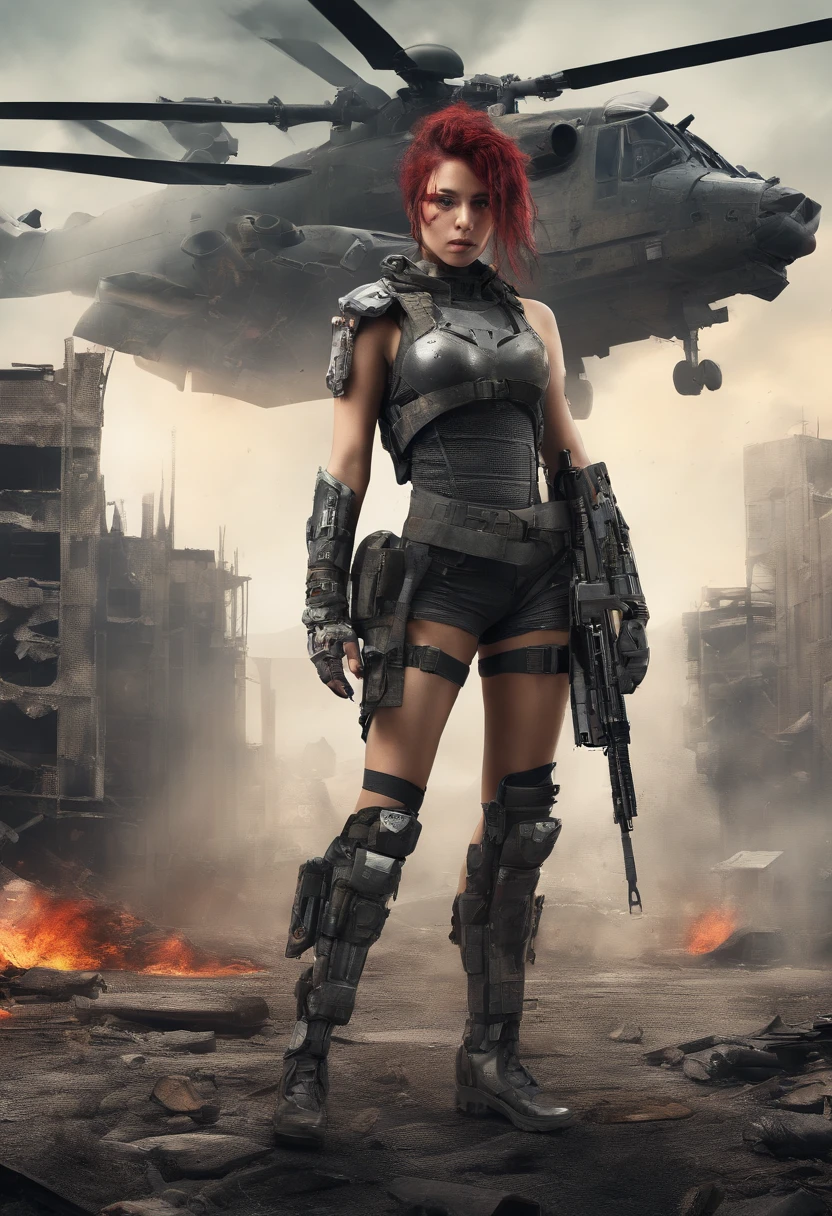 "(In a post-apocalyptic scene, showcase a fearless female warrior fighting against unknown forces amidst damaged buildings with a gritty sci-fi atmosphere, wearing worn armors)."
