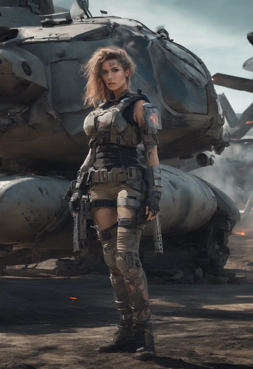 Postapocalyptic combat scene with a Beautiful hyperrealistic photograph of cute Young American woman with Runic tattoos, ((dirty face Blood splattered)), (((wearing full heavy mecha armor, combat harness, Neon highlights))) Short Red Dreadlocks, combat pose, (((Holding on to the side of a combat Sci-Fi Combat helicopter))), exterior of Destroyed building, Fires, Smoke, debris, Camo netting, Ammo Boxes abstract beauty, near perfection, pure form, intricate detail, 8k post-production, High resolution, super Detail, trending on ArtStation, sharp focus, studio photos, intricate detail, Very detailed, By Greg Rutkowski