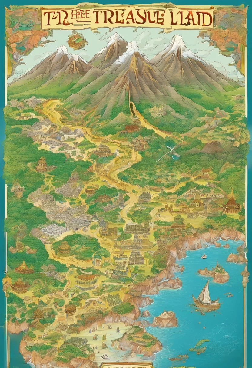 Map of a treasure map of a prehistoric island，There are legends，Il y a des villages，Il y a des volcans et des montagnes,