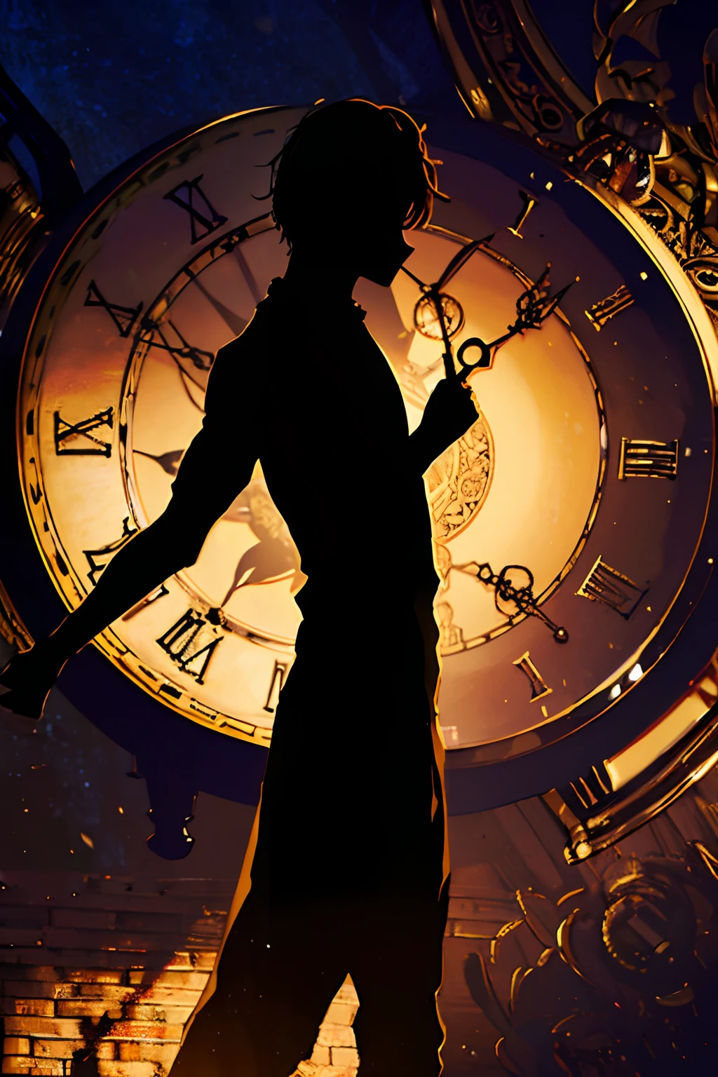(best quality, high resolution, ultra-detailed, realistic: 1.37), silhouette of a man holding a striking pocket watch, surrounded by darkness and clocks, illustrative rendering, intricate details, mysterious atmosphere, vibrant colors, dynamic lighting, style Gothic