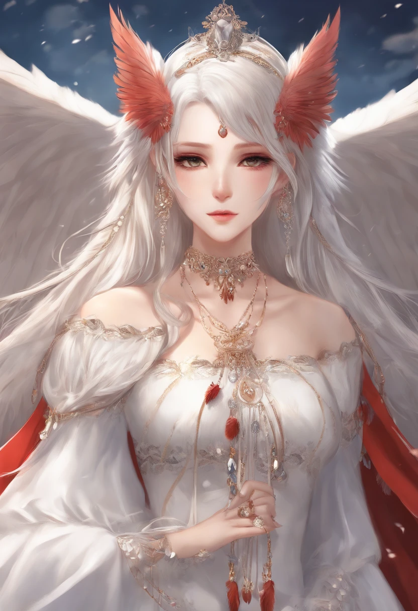 illustration, 1 girl, owl kemonomimi, owl girl, feather ears, long hair, spikey long hair, oval eyes, long flowing sleeves, dress, drooping sleeves, white hair, red highlights in hair, painted nails, jewelry on dress, chains on the dress, anime girl, no regular ears, only feathered ears, freckles on face
