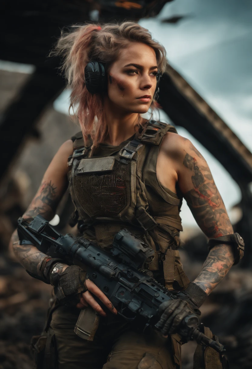 Postapocalyptic combat scene with a Beautiful hyperrealistic photograph of cute Young American woman with Runic tattoos, ((dirty face Blood splattered)), (((wearing full heavy mecha armor, combat harness, Neon highlights))) Short Red Dreadlocks, combat pose, (((Holding on to the side of a combat Sci-Fi Combat helicopter))), exterior of Destroyed building, Fires, Smoke, debris, Camo netting, Ammo Boxes abstract beauty, near perfection, pure form, intricate detail, 8k post-production, High resolution, super Detail, trending on ArtStation, sharp focus, studio photos, intricate detail, Very detailed, By Greg Rutkowski