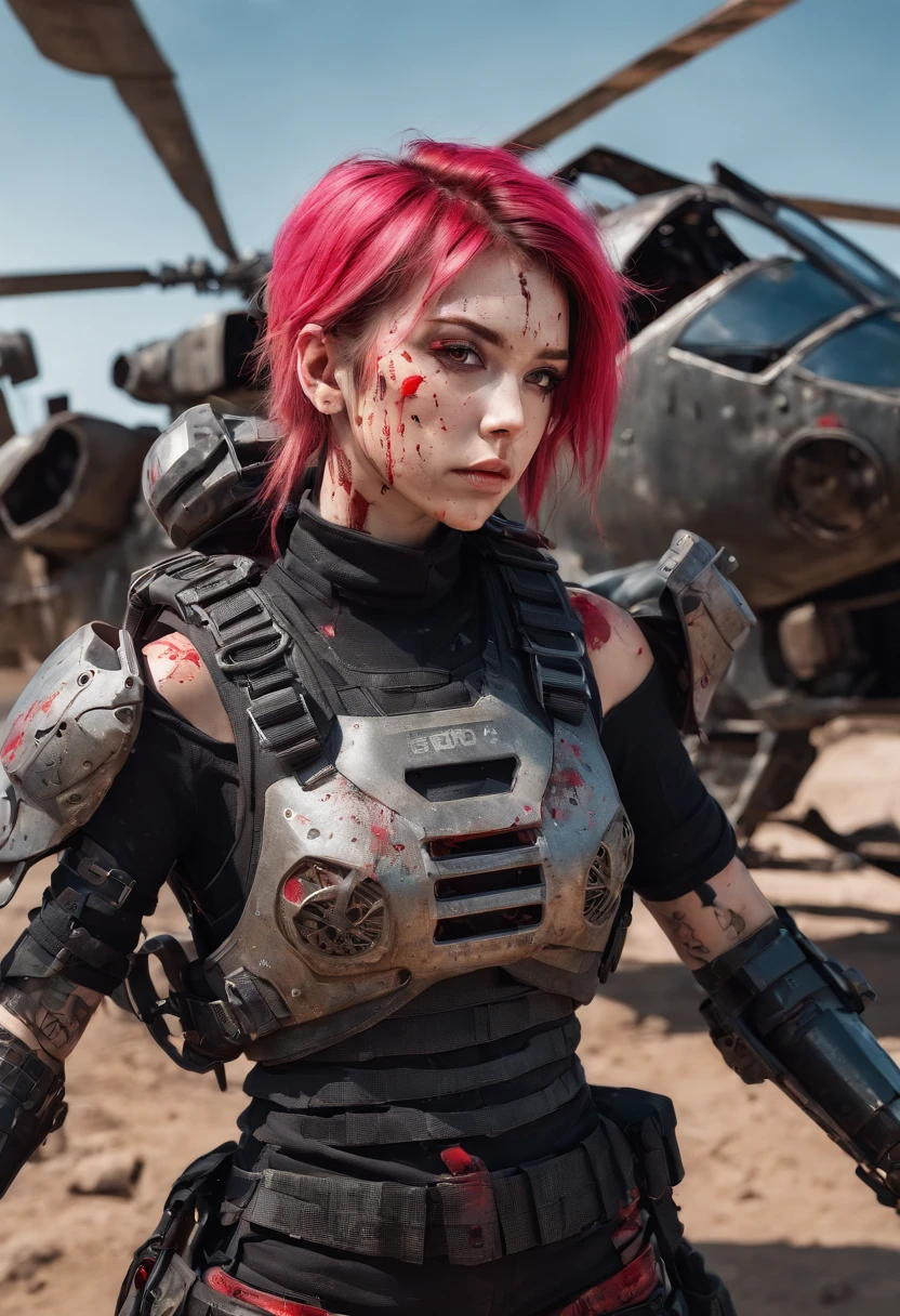 Postapocalyptic combat scene with a Beautiful hyperrealistic photograph of cute Young American woman with Runic tattoos, ((dirty face Blood splattered)), (((wearing full heavy mecha armor, combat harness, Neon highlights))) Short Red Dreadlocks, combat pose, (((Holding on to the side of a combat Sci-Fi Combat helicopter))), exterior of Destroyed building, Fires, Smoke, debris, Camo netting, Ammo Boxes abstract beauty, near perfection, pure form, intricate detail, 8k post-production, High resolution, super Detail, trending on ArtStation, sharp focus, studio photos, intricate detail, Very detailed, By Greg Rutkowski