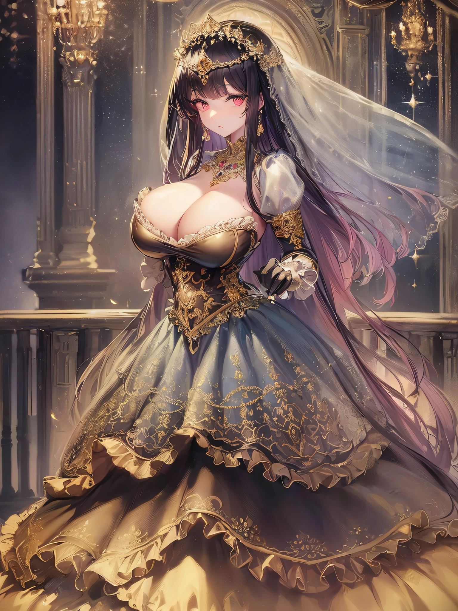 ((anime artstyle)),(Masterpiece),(Best Quality), (Super Detail),((Very Delicate and Beautiful)),cinematic lighting,1 girl,((full body portrait)),((standing in garden)),((solo)),(((1 fairytale princess in gorgeous embroidery and jeweled extremely gorgeous rococo princess ballgown with voluminous full length hoop skirt))),an hourglass waist,padded and corseted bodice,(((huge crinoline hoopskirt))),long train,((gorgeous embroidery and jeweled)),voluminous frills,See-through,(((extremely gigantic tits,skindentation))),cleavage,((absurdly Long Straight Hair,extremely voluminous Straight long Hair,absurdly Long Straight Hair)),(finely detailed face and eyes),clear pupil,extremely gorgeousfull hair ornament,(bling-bling jeweled extremely gorgeousfull tiara),((bling-bling gorgeous gemstone jewelry)),gorgeous long veil,((ultra long gloves)),(beautiful background),(full body),((gorgeous embroidery and jeweled extremely gorgeous rococo princess ballgown with voluminous full length hoop skirt))