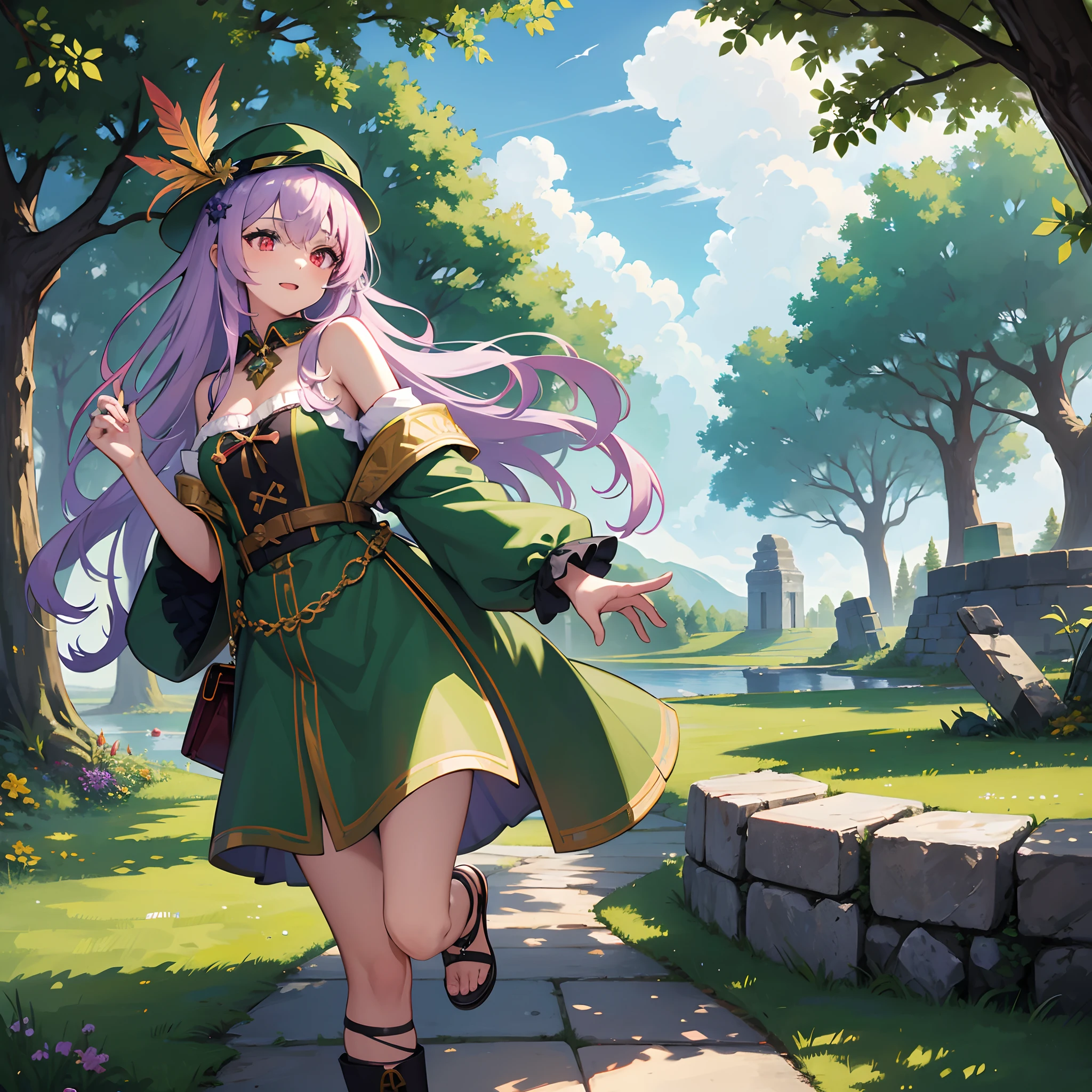 best quality, (masterpiece:1.2), illustration, absurdres,  (1girl, solo), (beautiful detailed girl),, Aeolia, lilac hair, long hair, red eyes, medium breasts,, happy, cheerful, green hat, hat with feather ornament, green dress, green coat, (fantasy:1.1) (medieval:1.1) outfit, (black_legfishnets:1.1), white shirt, brown shorts, sandals, magical forest, flowers, fairy ring, ancient ruins, stone ruins, lake, sky, clouds