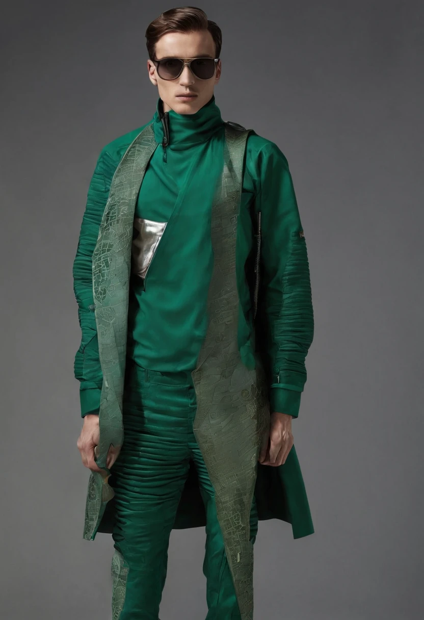 HOMBRE de cuerpo completo con ropa de calle (urbano) colores frios que el protagonista es el verde que se inspire principalmente en la inteligencia artificial. El hombre lleva unos pantalones anchos con texturas rugosas en los costados, A long winter sack in asymmetrical green with transparencies, creando un conjunto singular." En la imagen, se puede ver a un hombre de pie en medio de un paisaje urbano futurista. Sus pantalones anchos tienen una textura rugosa que le da un aspecto vanguardista. They are designed in an elegant but also functional way, with subtle details that suggest the influence of artificial intelligence in its creation. El saco largo de invierno, de un deslumbrante verde, se destaca como la pieza central de su atuendo. Its asymmetrical design and strategically located transparencies along the sack give it a futuristic and technological look. Las transparencias revelan una capa interior de tela plateada que brilla con una luz suave. El hombre lleva accesorios minimalistas, such as metal-rimmed sunglasses and a sleekly designed smartwatch. Her hair is precisely styled and her look reflects confidence and sophistication. En su conjunto, This man embodies the fusion between contemporary fashion and the influence of artificial intelligence in clothing design. Her outfit shows a unique combination of textures, colores y transparencias que lo hace destacar en medio de la modernidad de la ciudad del futuro.
