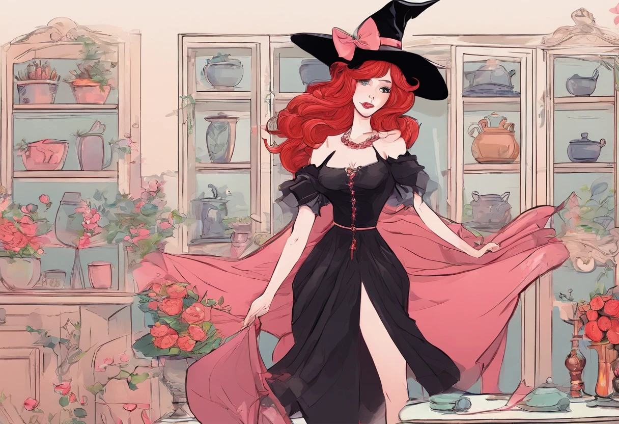 Red Hair Witch Woman 20 Years Old in Black Outfit Hat with Pink Bow, Vase in hand,