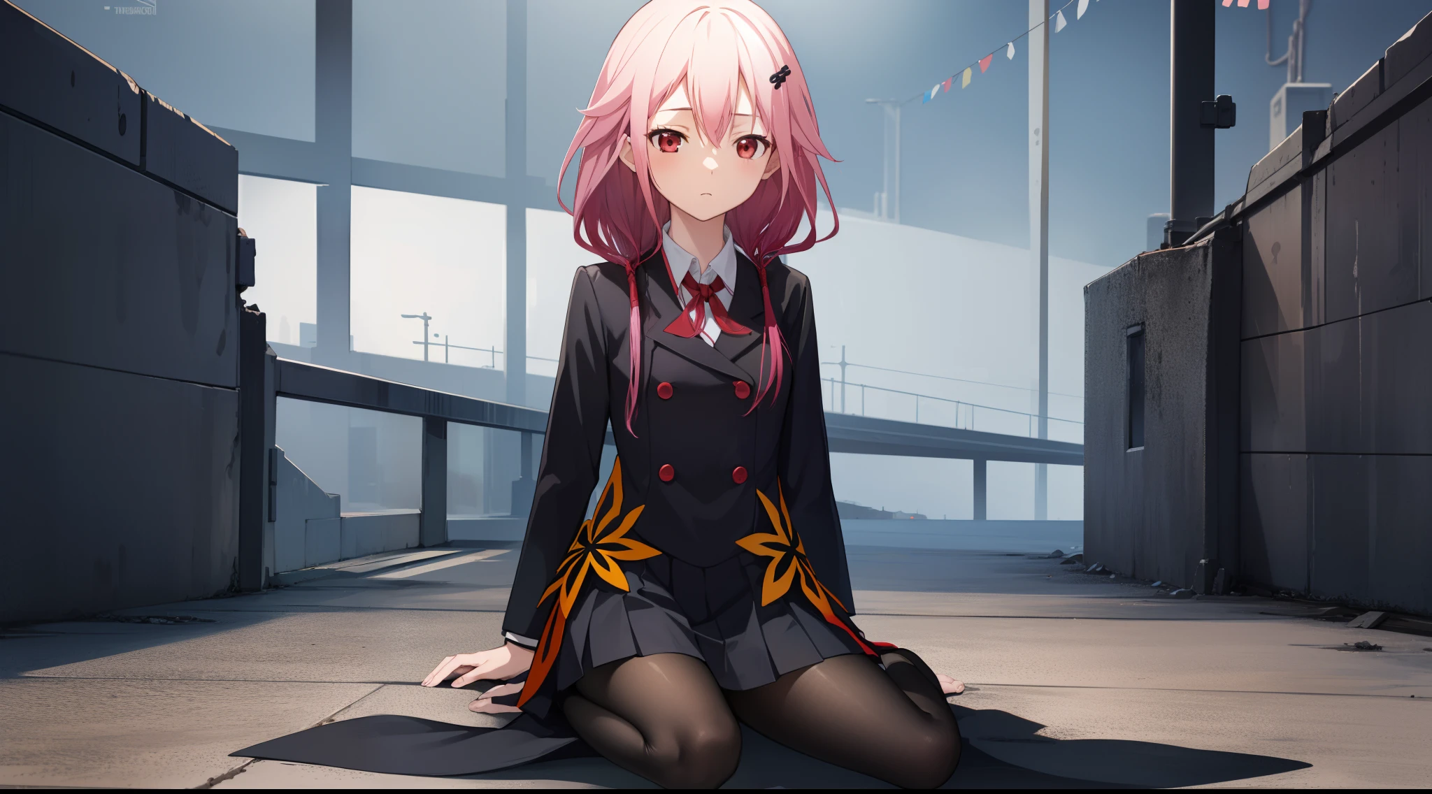 nori yuzuriha，one-girl，hair between eye, hair adornments, hair pin, Long hair, Low Twin Tails, Pink hair, (Red eyes:1.2), side locks, double tails，Black school uniform，Black tights，
