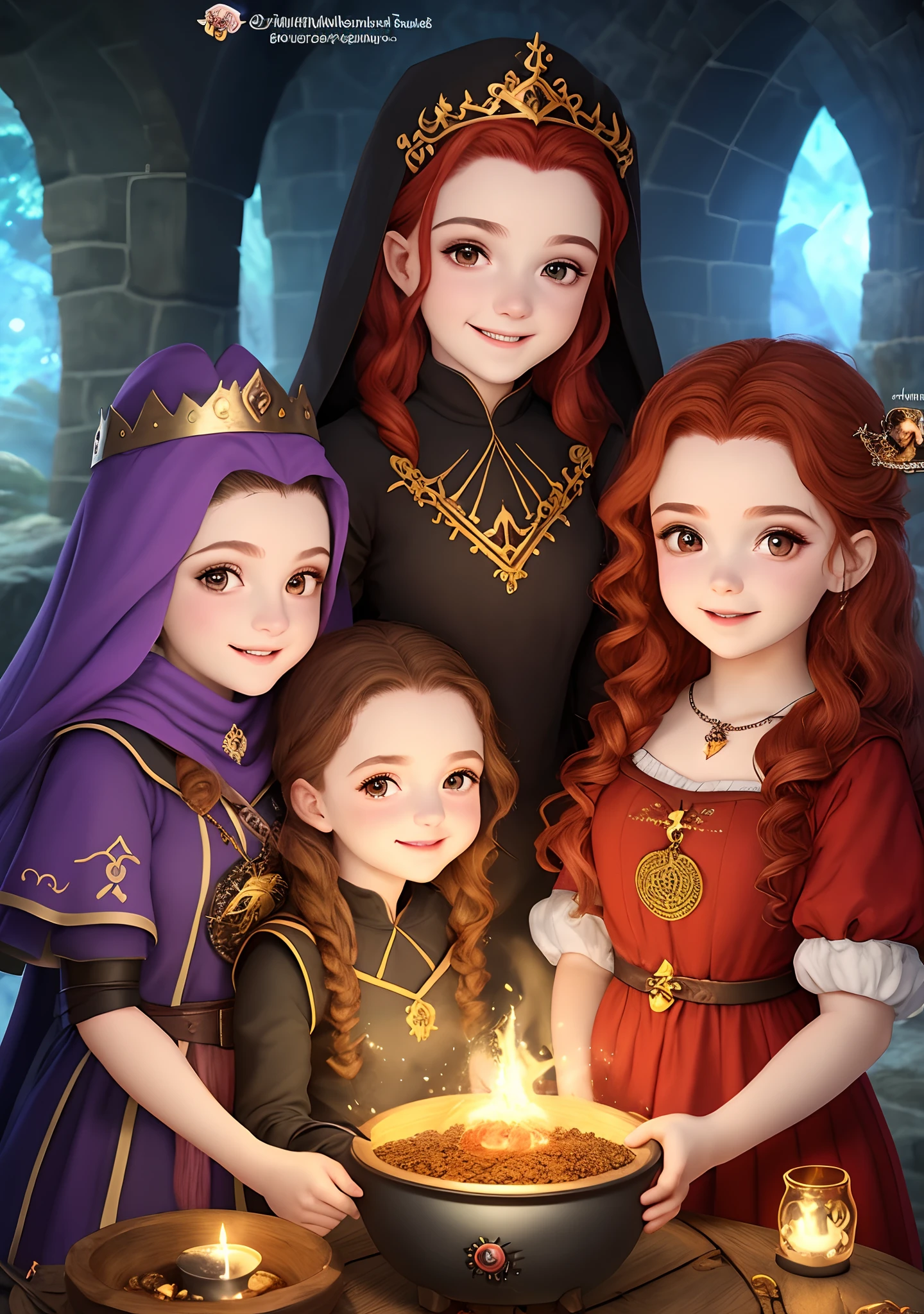 Bruxinha malvada.olhos arroxeados .roupa de bruxas. Chapeu de bruxas 
Ruiva .sardas. Magical Vassouriha. CAULDRON. Mata mal assombrada 
Sem chifres.Disney prompt kids template.
