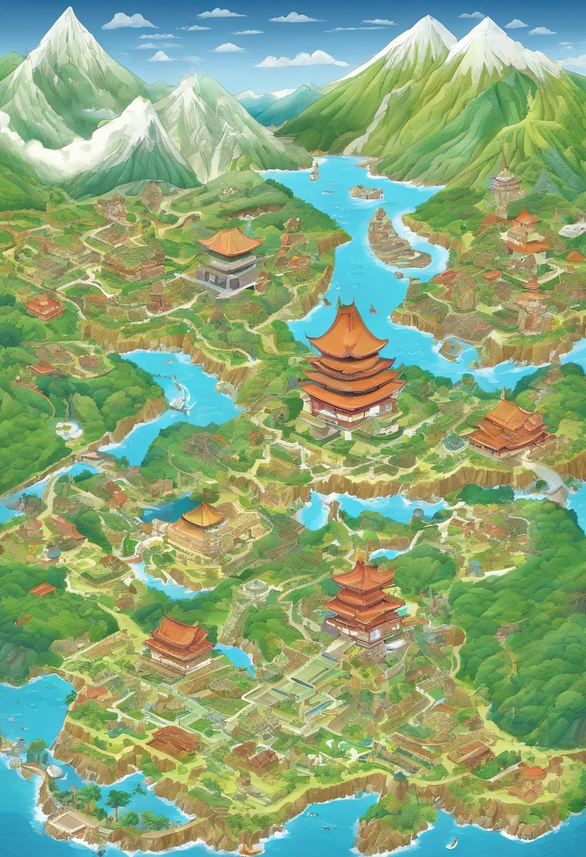 Map of a prehistoric island,There are legends,Il y a des villages,Il y a des volcans et des montagnes, il y a de l'espace, inspirer de la carte de DOFUS