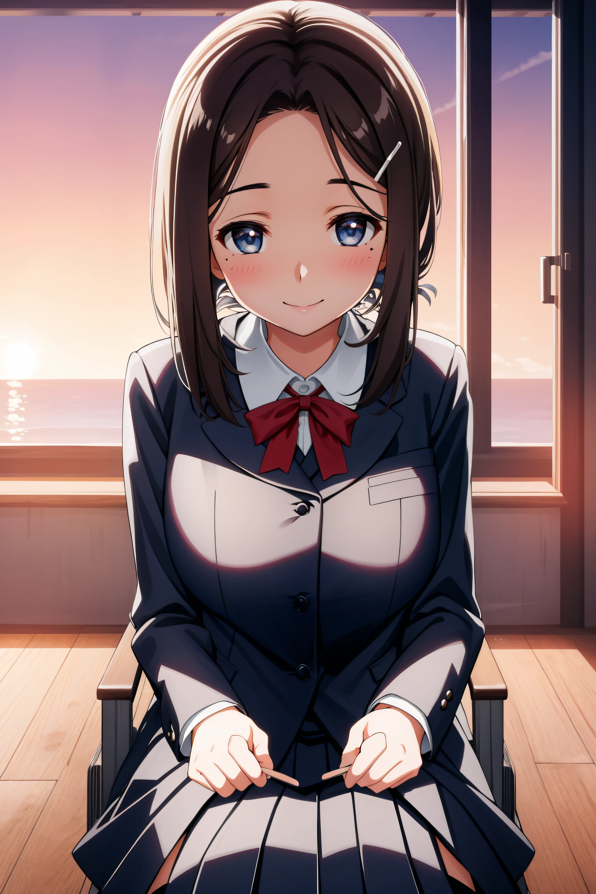 at the school,
sitting at attention,sitting on a chair,
brown_jacket,White collared shirt, Green_pleated_skirt,school uniform,  red ribbon, 
kouhaichan, hair ornament, hairclip, mole, mole under eye, short hair, brown hair, blue eyes,  
1 girl, 20yo,young female,Beautiful Finger,Beautiful long legs,Beautiful body,Beautiful Nose,Beautiful character design, perfect eyes, perfect face,
looking at viewer,light_Smile,seductive anime girl.teasing smile,
NSFW,official art,extremely detailed CG unity 8k wallpaper, perfect lighting,Colorful, Bright_Front_face_Lighting,
(masterpiece:1.0),(best_quality:1.0), ultra high res,4K,ultra-detailed,
photography, 8K, HDR, highres, absurdres:1.2, Kodak portra 400, film grain, blurry background, bokeh:1.2, lens flare, (vibrant_color:1.2)
(Beautiful,Large_Breasts:1.4), (beautiful_face:1.5),(narrow_waist),(perfect hands, perfect anatomy)