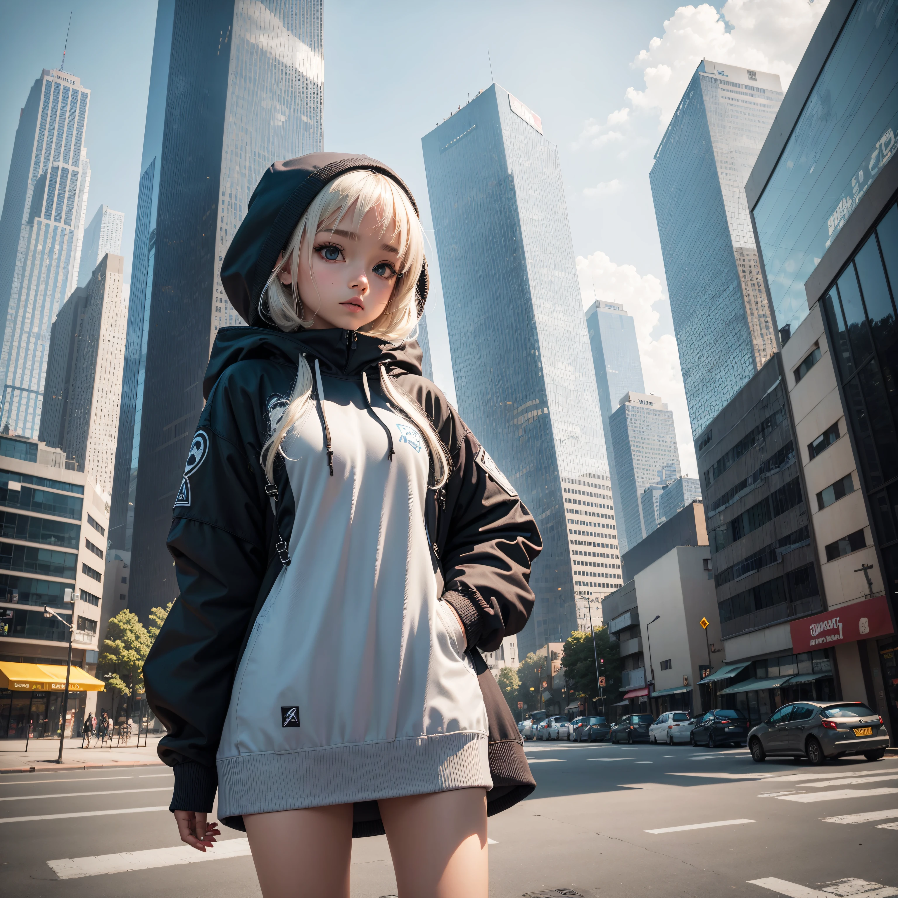 crie uma imagem de um alien vestido com um conjunto de roupas de moletom, in an urban area, With buildings in the background, em um dia ensolarado com muitas nuvens