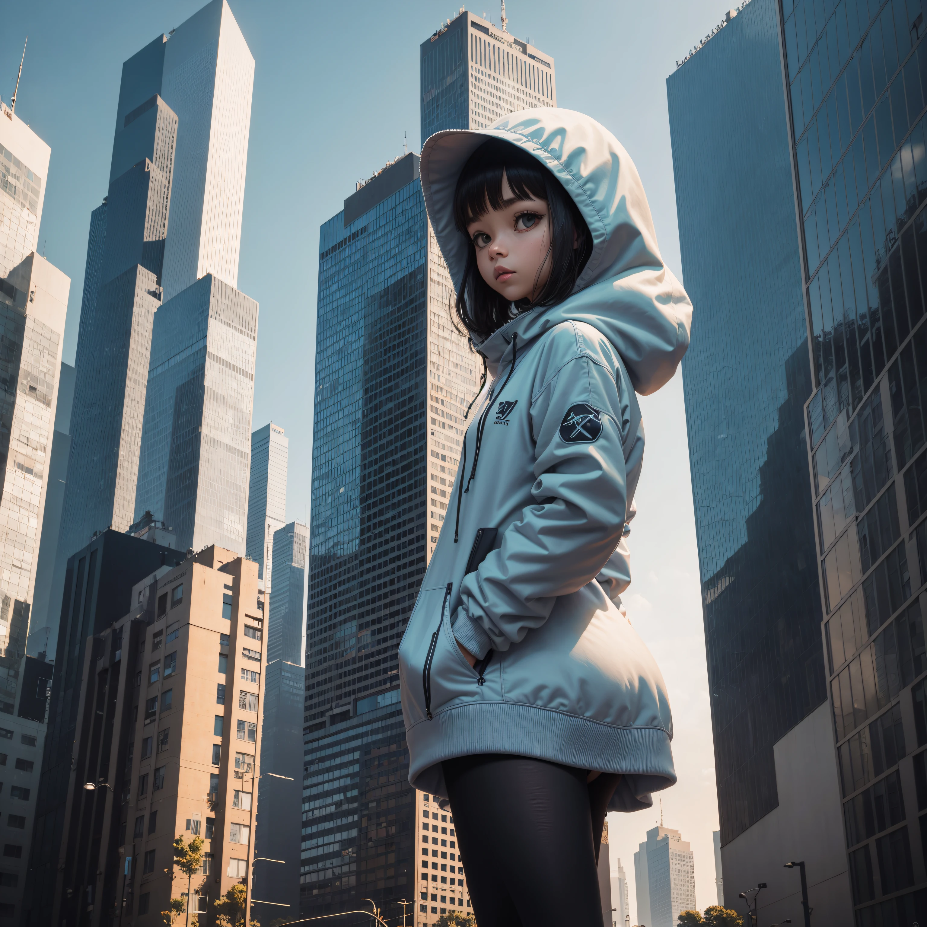 crie uma imagem de um alien vestido com um conjunto de roupas de moletom, in an urban area, With buildings in the background, em um dia ensolarado com muitas nuvens