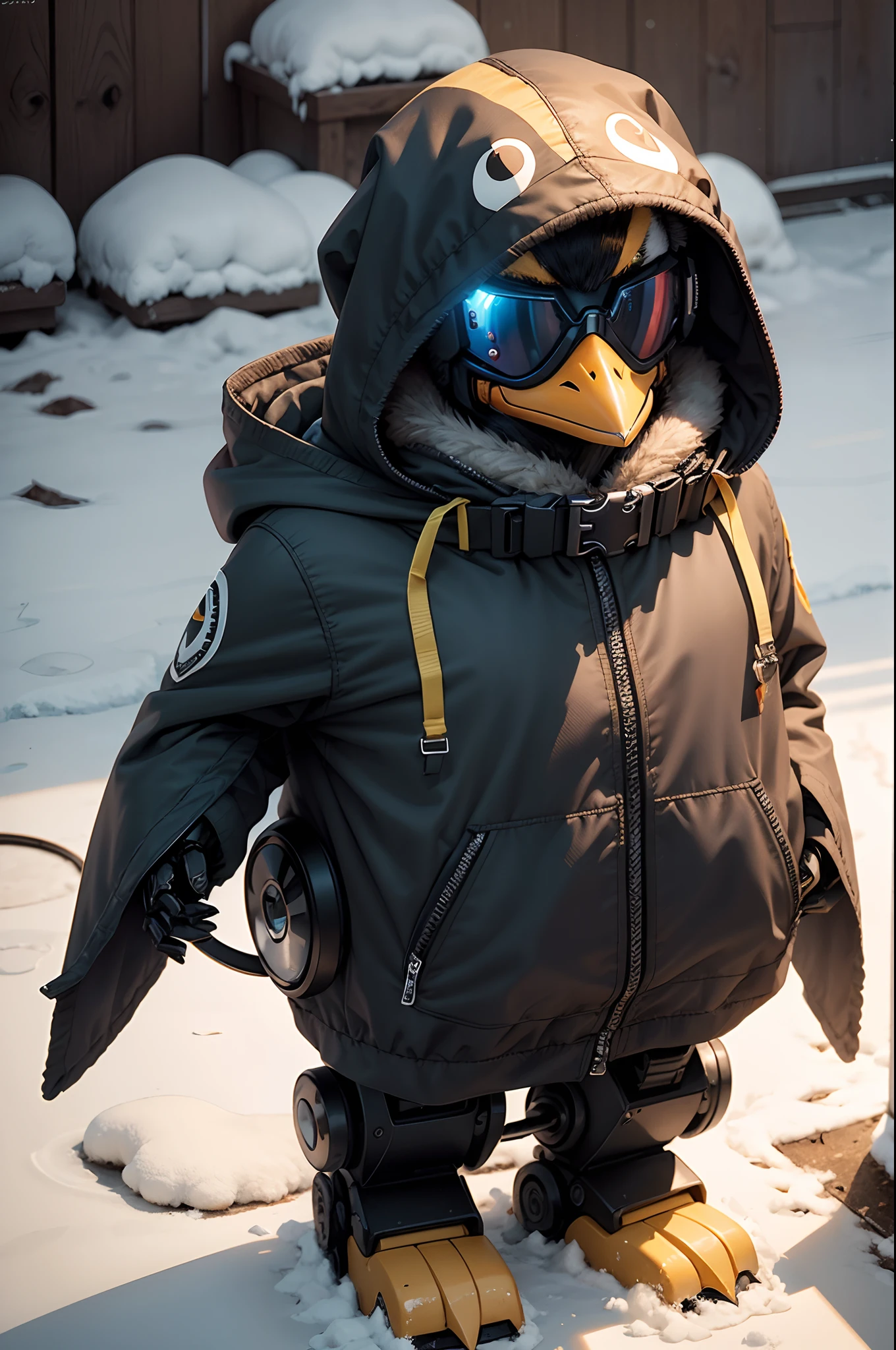 Penguin Robot. Black ice furr and yellow frosty cold eyes. Wearing Brown-gray arctic gear with furr collar and hood with Googles.