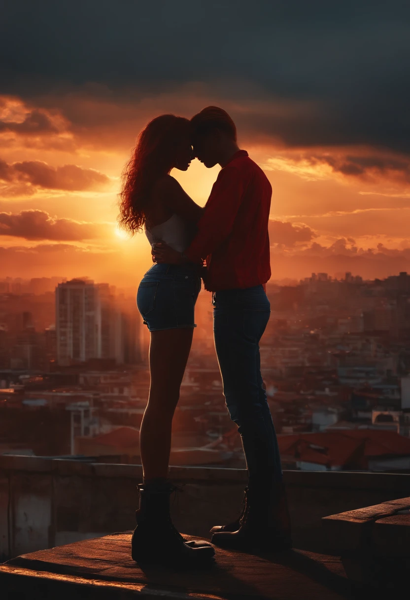 ((best illustration)) Brazilian girls, red hair, age body, topless, kissing, black boot, urban landscape, building, skyline, sunset, silhouette against the clouds, contemplative.