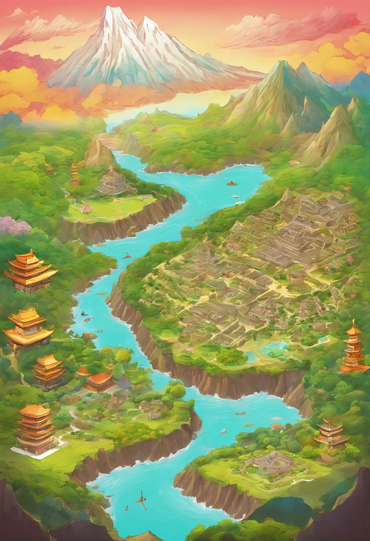 Map of a prehistoric island，There are legends，Il y a des villages，Il y a des volcans et des montagnes, il y a de l'espace, inspirer de la carte de DOFUS