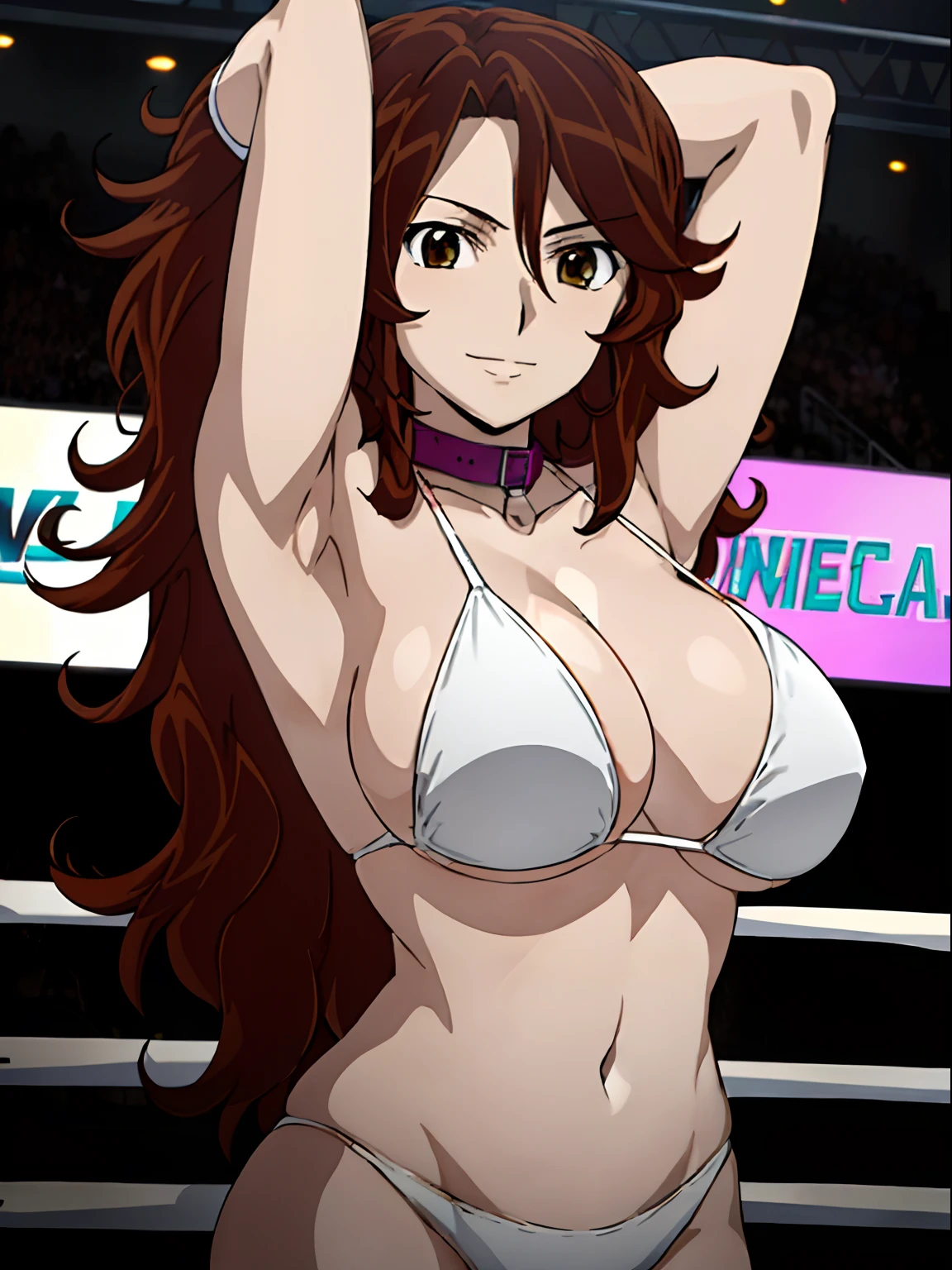 hug, Elegant lady, (upper body only), anime style: 1.8, anime drawing, ultra detailed face, ultra detailed body, 4k, Sumergai Lee Noriega, (standing), best quality, anime style, hires, highest definition, digital blending, bold drawing lines, ((wwe diva), (location: wrestling arena, crowds watching), ( slim body, (little biceps), , off-shoulders, closed fists, (curvy: 2.8)), ((white bikini, only, white gloves, collar, armpit protector)), victorious, winner, gentle, (pale skin, shiny skin, very big breasts, smile), (big eyes, brown eyes), (clapping), (brown hair, loose hair, curly hair, wavy hair, long hair, missy hair), 27 years old,