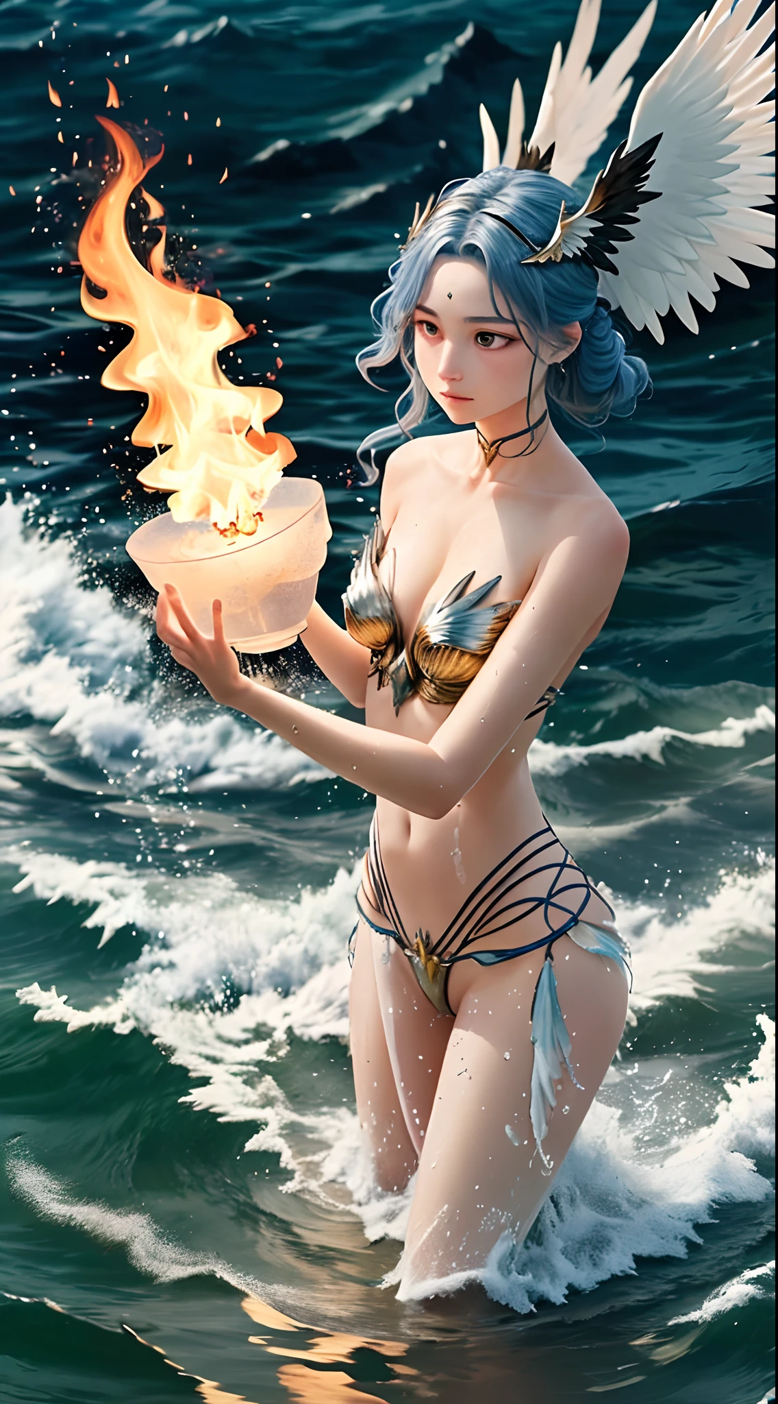 Water and flame merge in the hands of a Valkyrie beauty against a flying alien monster