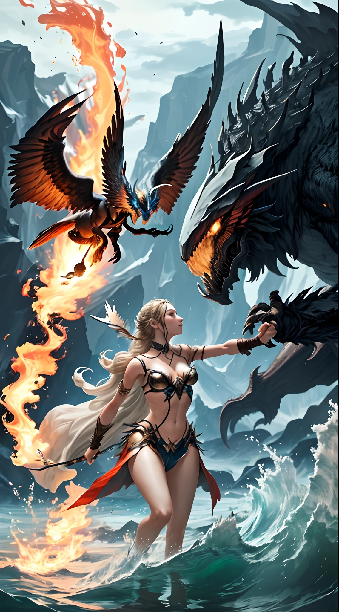 Water and flame merge in the hands of a Valkyrie beauty against a flying alien monster