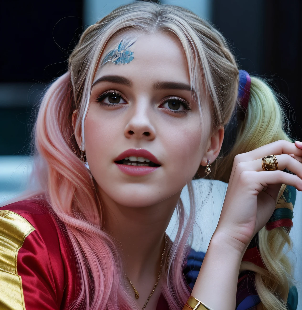 Mulher olhando para frente segurando morcego com cabelo rosa e maquiagem, Emma Watson como Arlequina(english:Arlequina), Arlequina, de Arlequina, Elizabeth Olsen como Arlequina, Emma Watson como Halle Quinn, Margot Robbie as Harley Quinn, Harley Rainha, Retrato de Halle Quinn, Anya Taylor - Rainha Vampira da Alegria, Emma Watson as O Coringa, Lady Gaga como Arlequina(english:Arlequina)