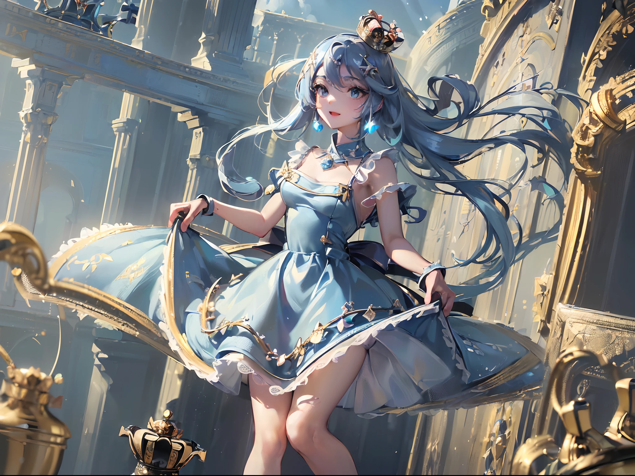 ((Finest quality)),(超A high resolution),(ultra-detailliert),(Meticulous portrayal),((best pictures)),(Finest works of art),Ultra-Precision Art,The art of astounding depiction, (Pretty girl:1.5),Bursting smile:1.6,(mini crown:1.8),(Light blue dress:1.5), are flying,colorful backdrop:1.5