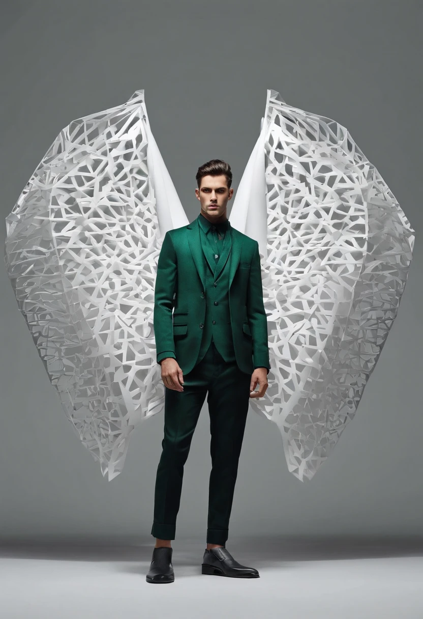 vector de HOMBRE de cuerpo completo con ropa de calle (urbano) Cold colors that the protagonist is green that is mainly inspired by artificial intelligence. El hombre lleva unos pantalones anchos con texturas rugosas en los costados, A long winter sack in asymmetrical green with transparencies, creando un conjunto singular." En la imagen, se puede ver a un hombre de pie en medio de un paisaje urbano futurista. Sus pantalones anchos tienen una textura rugosa que le da un aspecto vanguardista. They are designed in an elegant but also functional way, with subtle details that suggest the influence of artificial intelligence in its creation. El saco largo de invierno, de un deslumbrante verde, se destaca como la pieza central de su atuendo. Its asymmetrical design and strategically located transparencies along the sack give it a futuristic and technological look. Las transparencias revelan una capa interior de tela plateada que brilla con una luz suave. El hombre lleva accesorios minimalistas, such as metal-rimmed sunglasses, slick design. . En su conjunto, This man embodies the fusion between contemporary fashion and the influence of artificial intelligence in clothing design. Her outfit shows a unique combination of textures, colores y transparencias que lo hace destacar en medio de la modernidad de la ciudad del futuro.