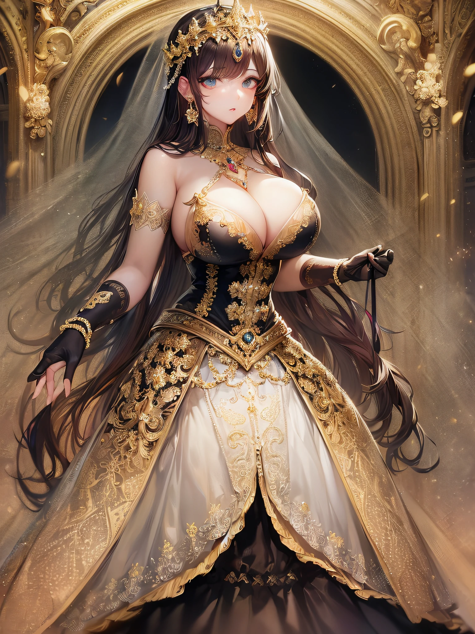 ((anime artstyle)),(Masterpiece),(Best Quality), (Super Detail),((Very Delicate and Beautiful)),cinematic lighting,1 girl,((full body portrait)),((standing in garden)),((solo)),(((1 fairytale princess in gorgeous embroidery and jeweled extremely gorgeous rococo princess ballgown with voluminous full length hoop skirt))),an hourglass waist,padded and corseted bodice,(((huge crinoline hoopskirt))),long train,((gorgeous embroidery and jeweled)),voluminous frills,See-through,(((extremely gigantic tits,skindentation))),cleavage,((absurdly Long Straight Hair,extremely voluminous Straight long Hair,absurdly Long Straight Hair)),(finely detailed face and eyes),clear pupil,extremely gorgeousfull hair ornament,(bling-bling jeweled extremely gorgeousfull tiara),((bling-bling gorgeous gemstone jewelry)),gorgeous long veil,((ultra long gloves)),(beautiful background),(full body),((gorgeous embroidery and jeweled extremely gorgeous rococo princess ballgown with voluminous full length hoop skirt))
